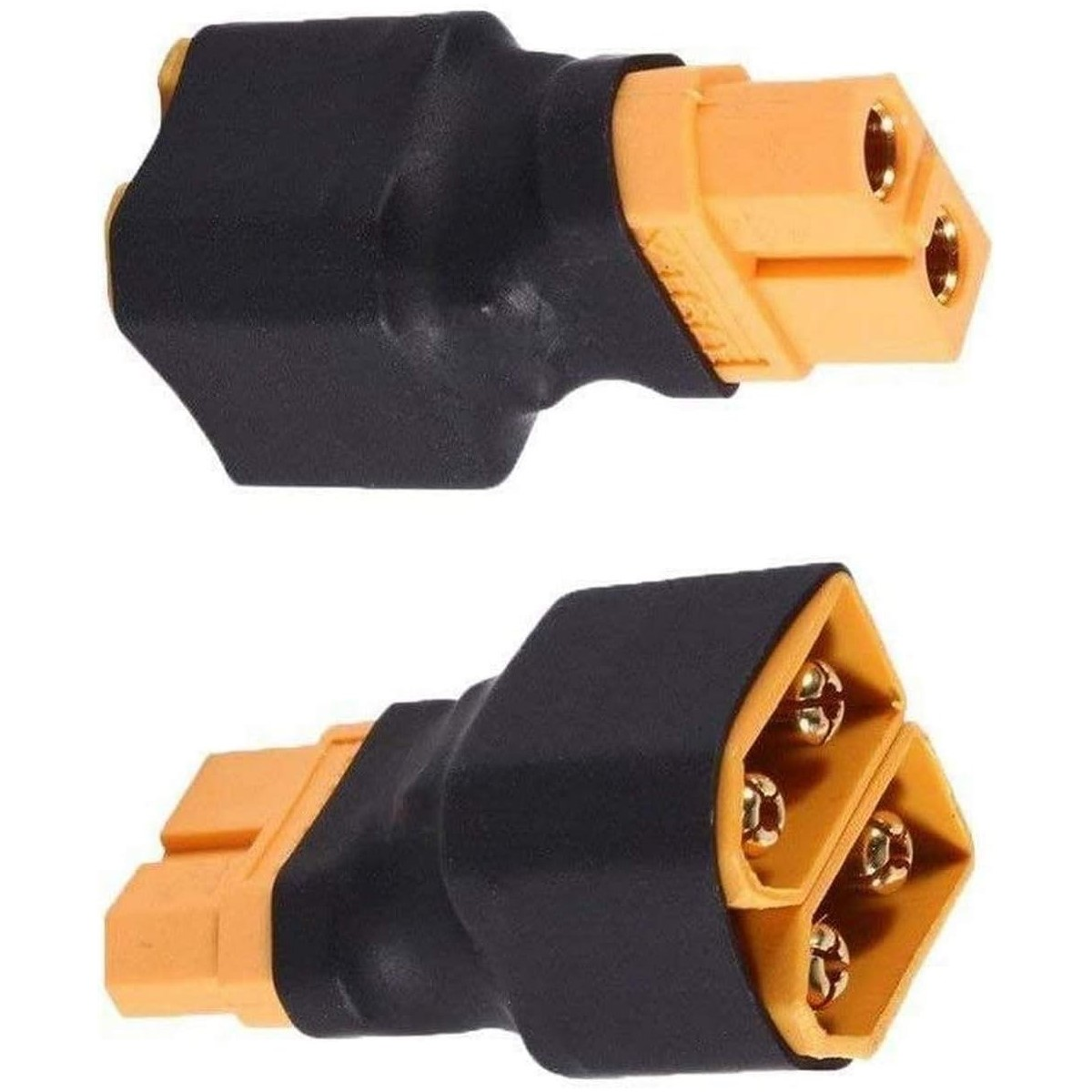 Zwei schwarze und orangefarbene Anschlüsse. Sie dienen zum Verbinden von Batterien mit Geräten.