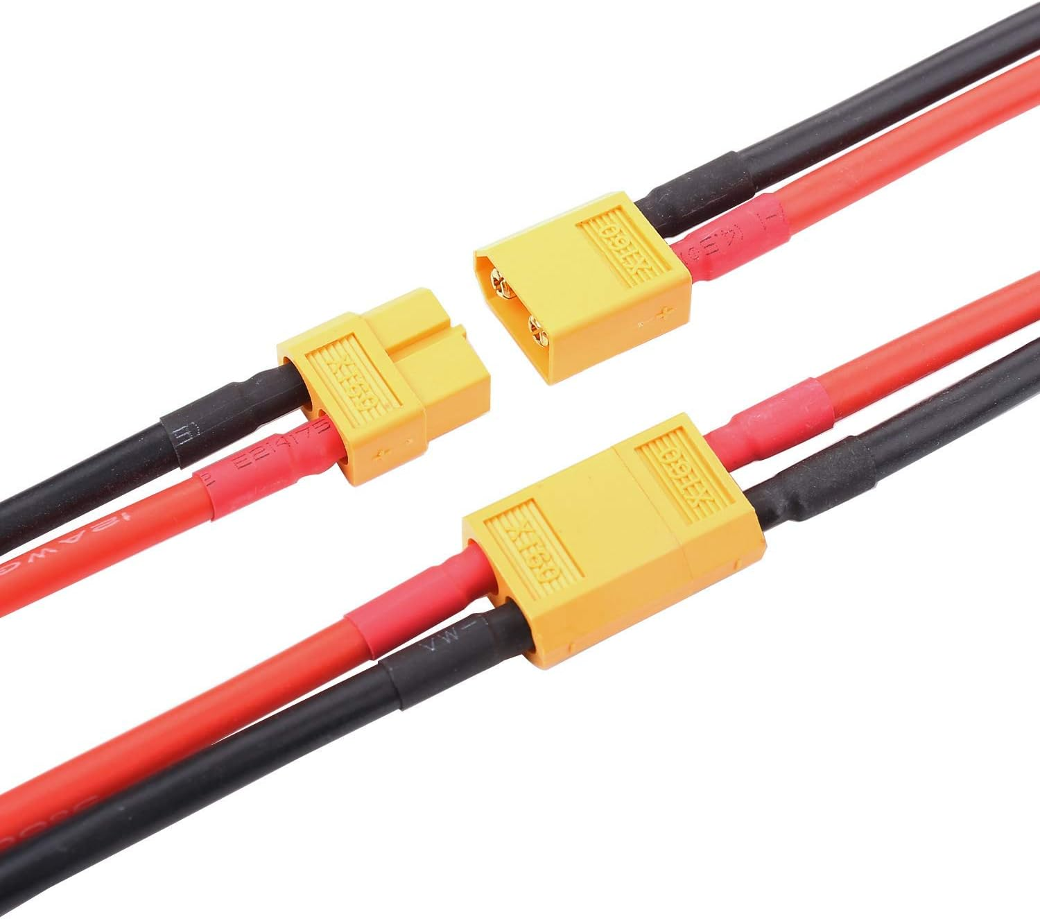 Zwei Sätze von Steckern mit roten und schwarzen Drähten. Die Stecker sind aus gelbem Kunststoff.