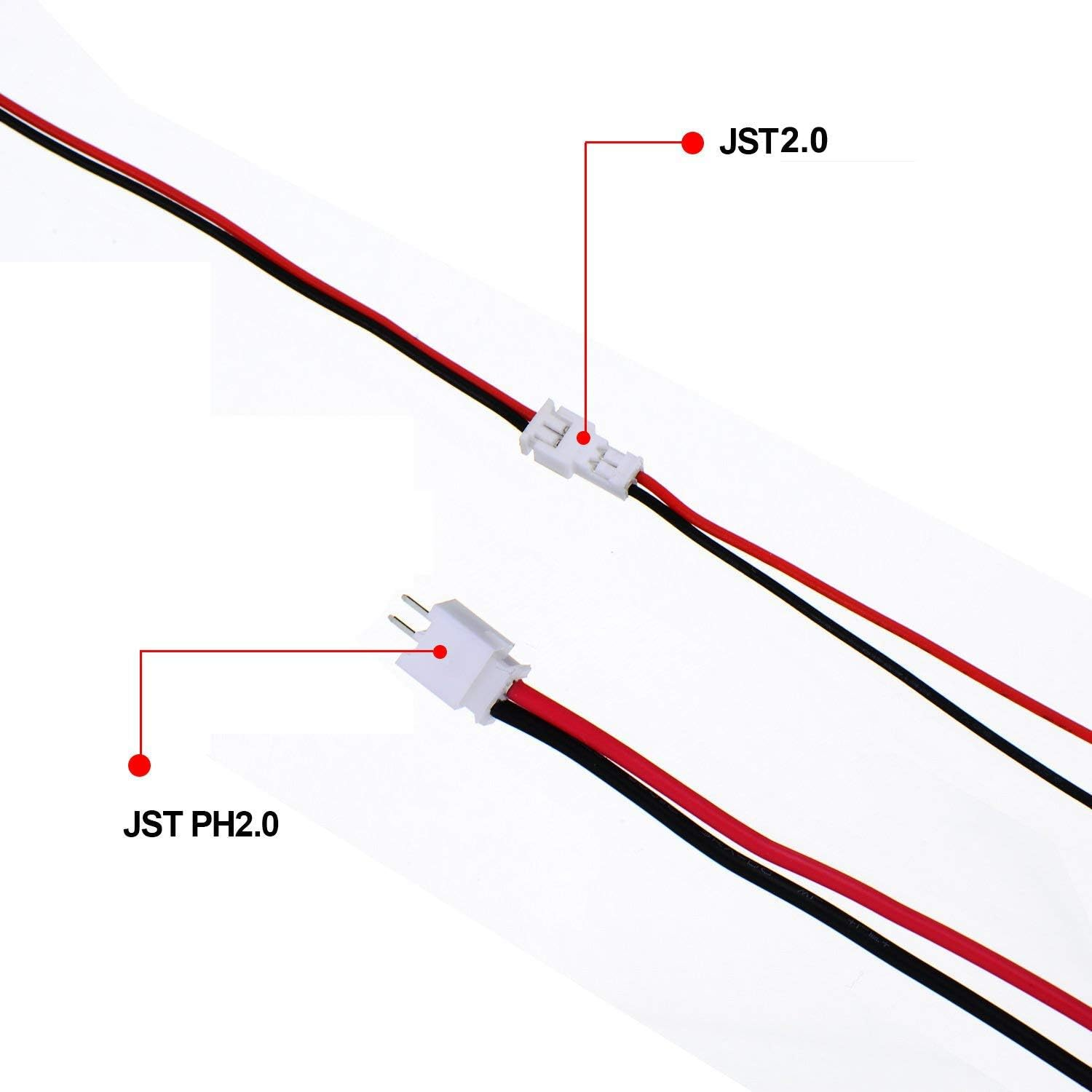 Nahaufnahme von schwarzen und roten Drähten mit den Anschlüssen JST2.0 und JST PH2.0.