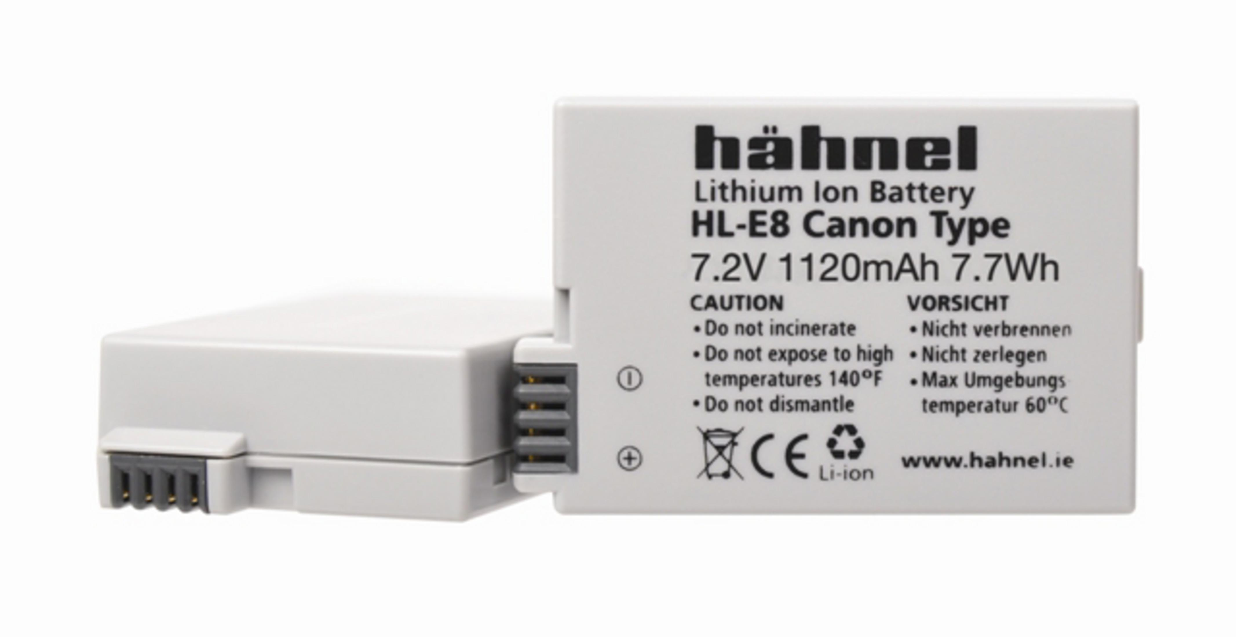 Zwei weiße Batterien mit der Aufschrift 'hähnel'. Schwarzer Text. Canon-Typ, 7,2 V, 1120 mAh.