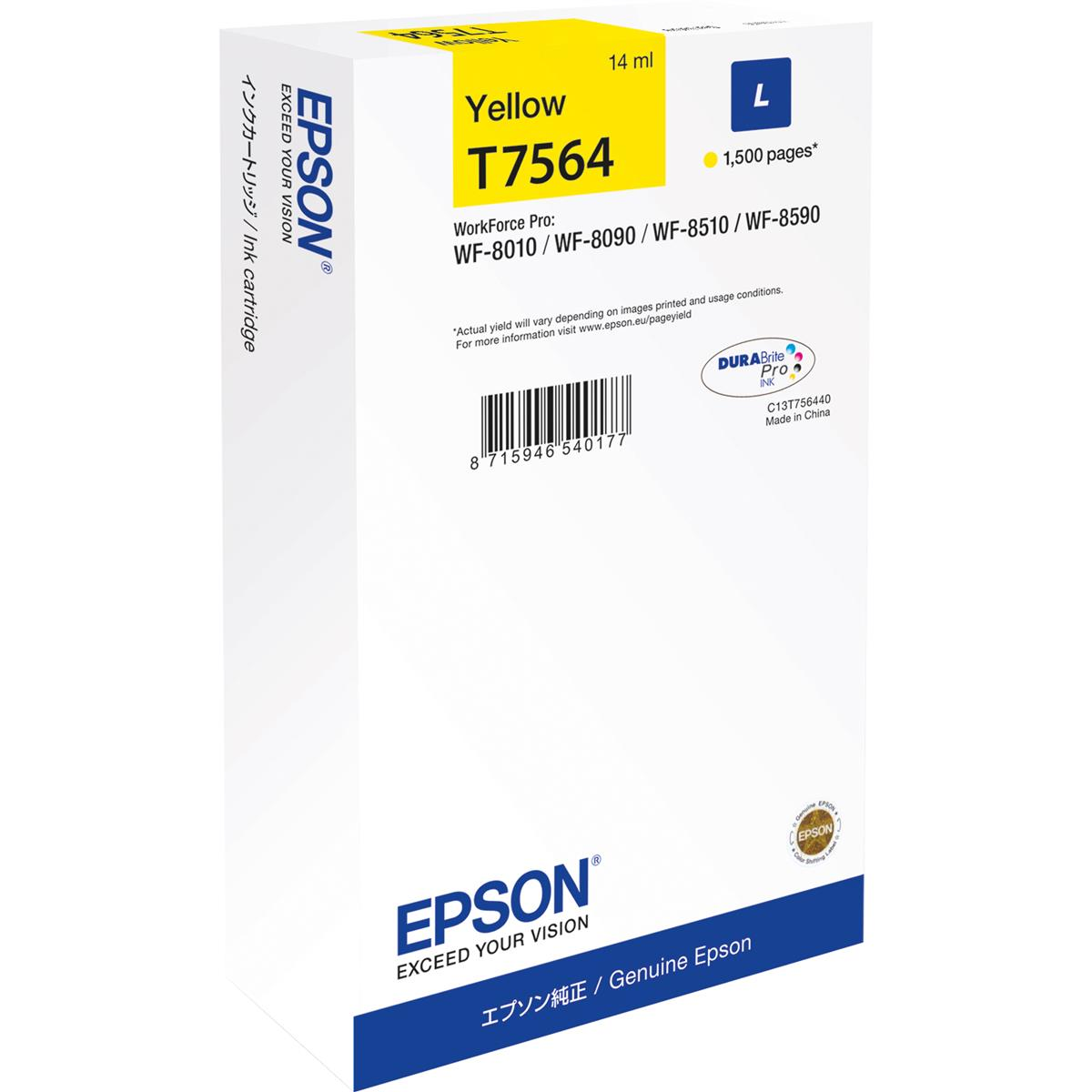Scatola della cartuccia di inchiostro Epson. È bianca e gialla con testo stampato.