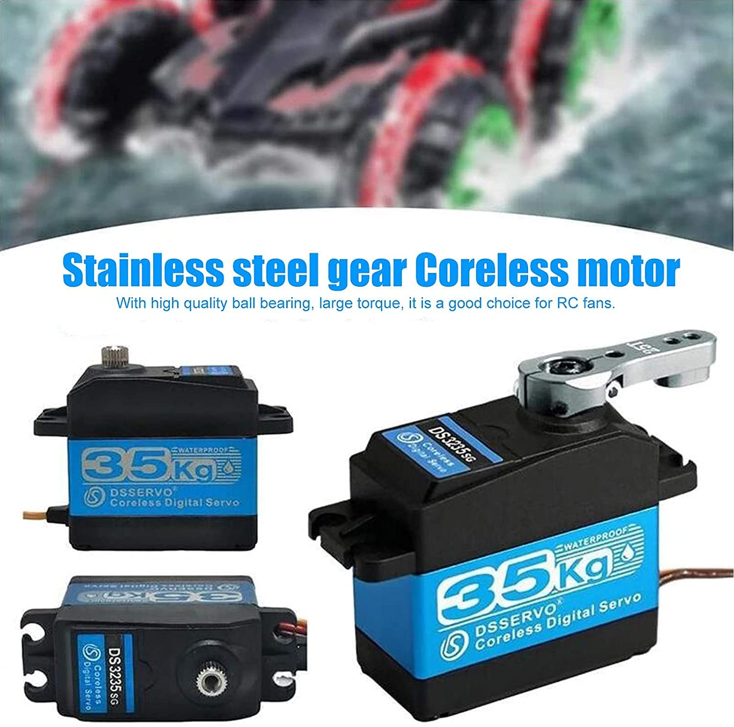 Drei schwarze digitale Servos mit blauen Etiketten. Sie sind als wasserdicht und 35 kg gekennzeichnet.