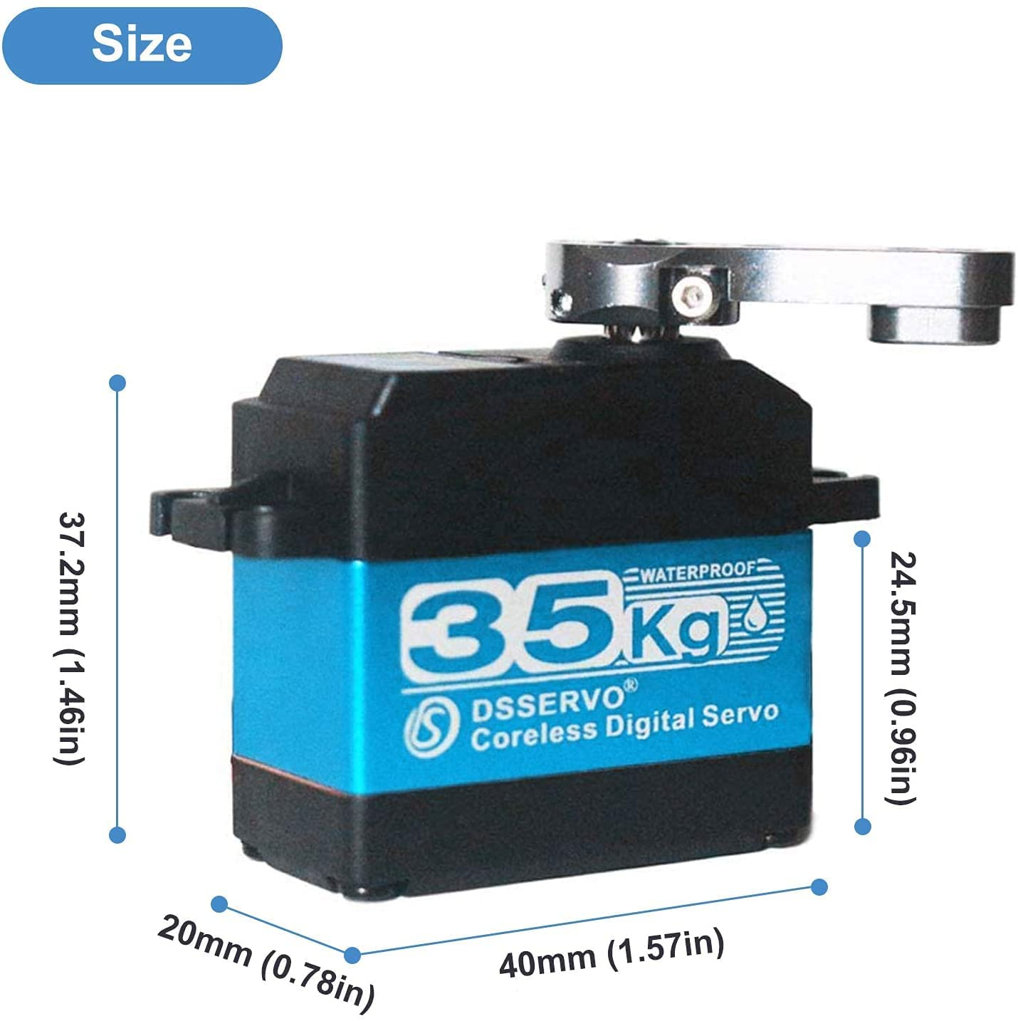 Blau-schwarzer wasserdichter digitaler Servomotor. Abmessungen: 37,2 mm x 24,5 mm x 20 mm/40 mm. Weißer Hintergrund.