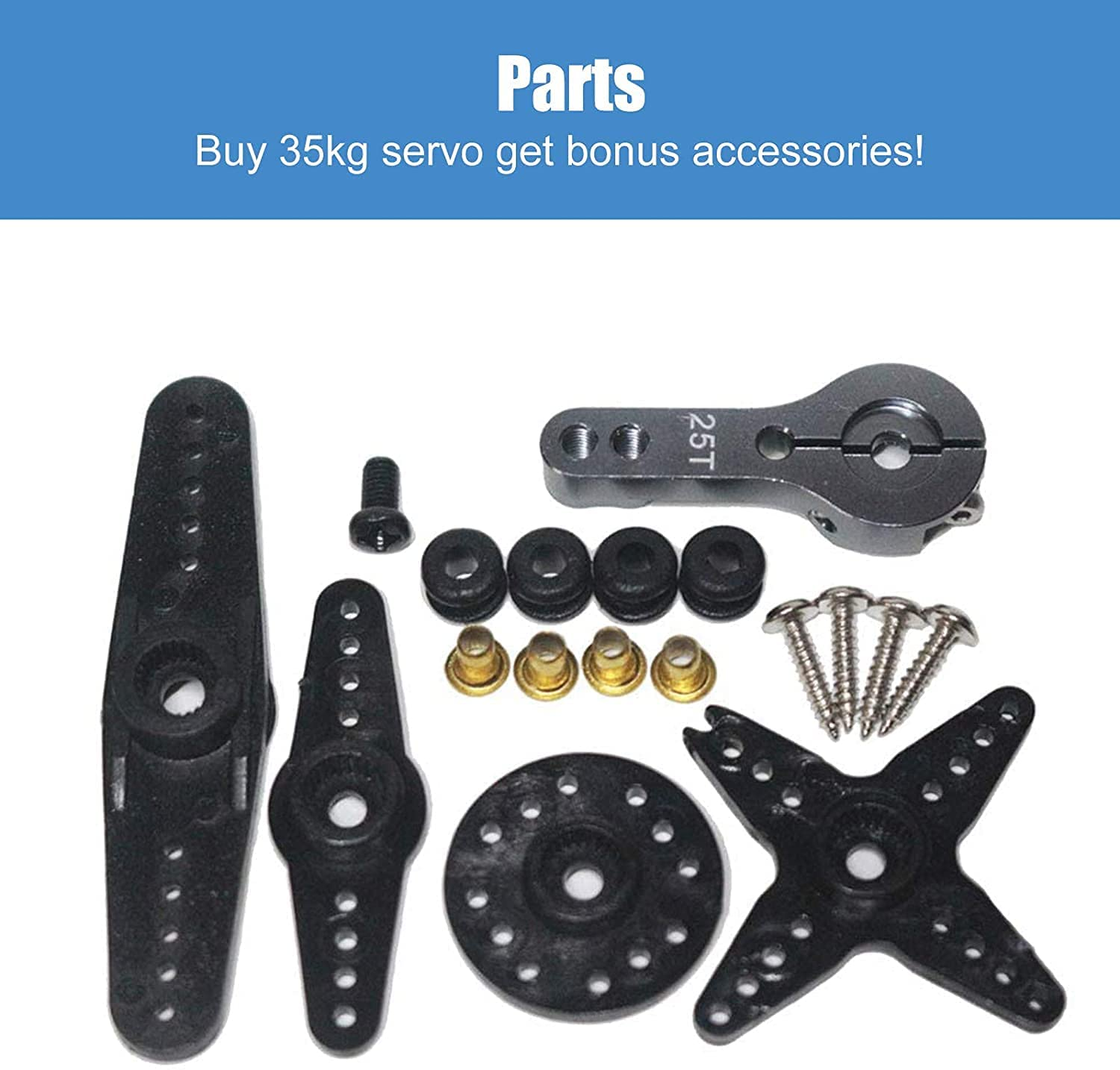 Teile für ein mechanisches Gerät, darunter Servo-Komponenten, Schrauben und Montagehalterungen. Text: Teile, Kaufen Sie ein 35-kg-Servo.