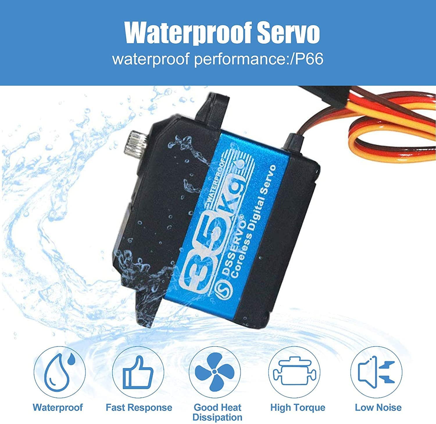 Wasserdichter Servomotor. Blauer Körper mit Etikett. Wasserspritzer-Hintergrund.