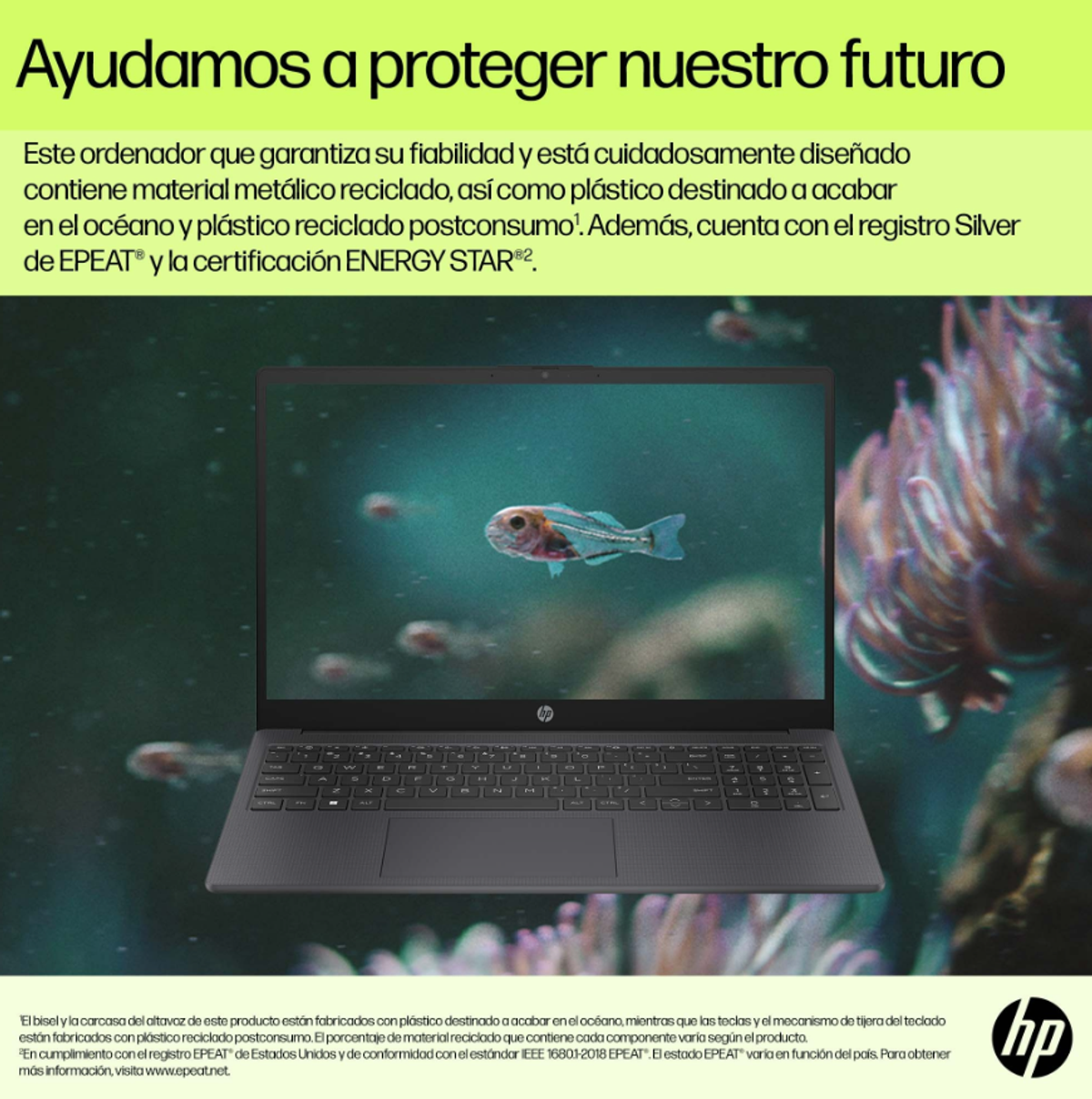 Portátil en escritorio con texto en español. Fondo es escena submarina borrosa con peces.