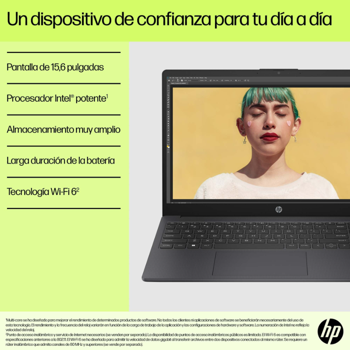 Un portátil muestra a una mujer con maquillaje rosa. La pantalla tiene iconos y texto.