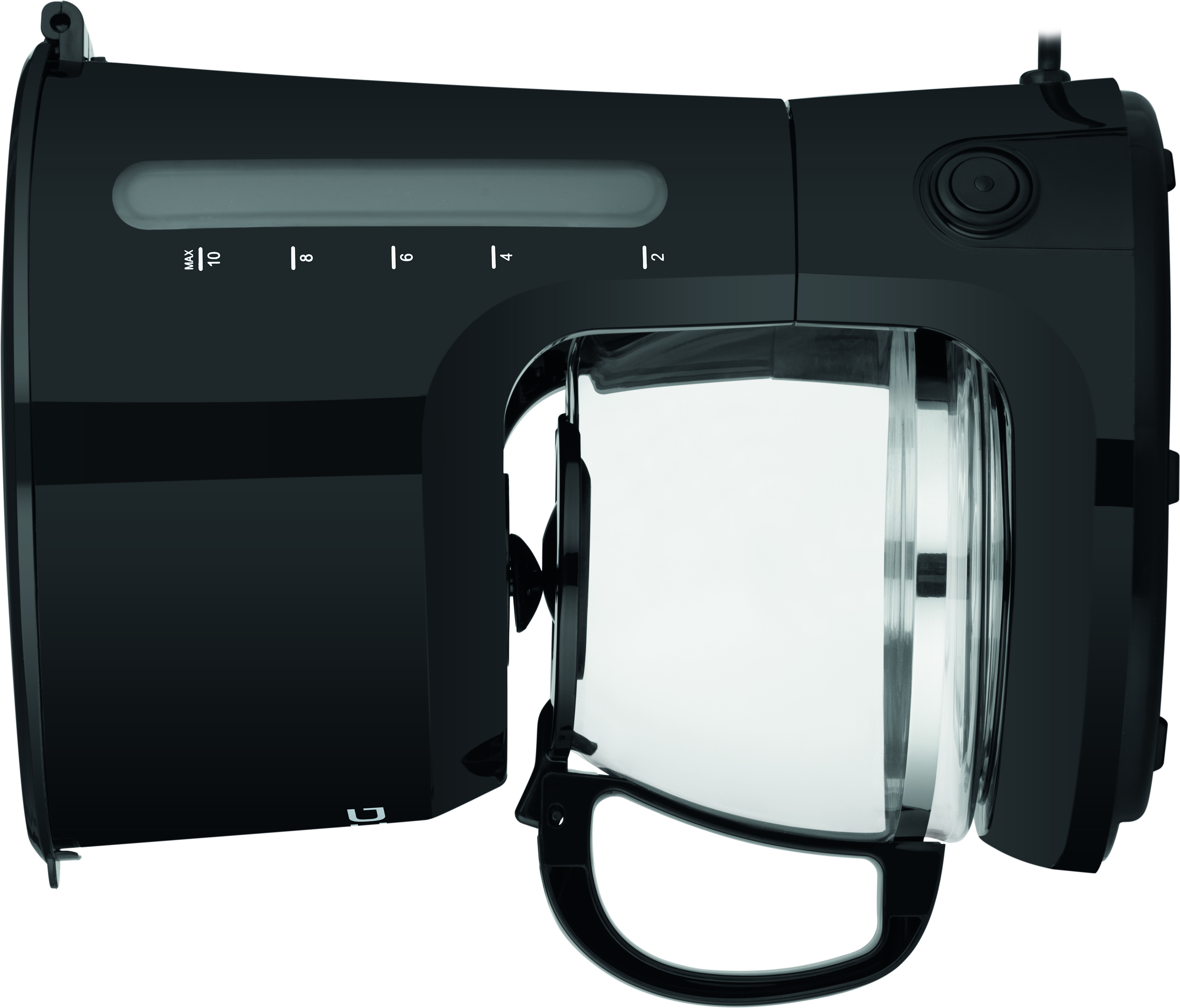 Czarny ekspres do kawy widok z góry z pojemnikiem na wodę i uchwytem.