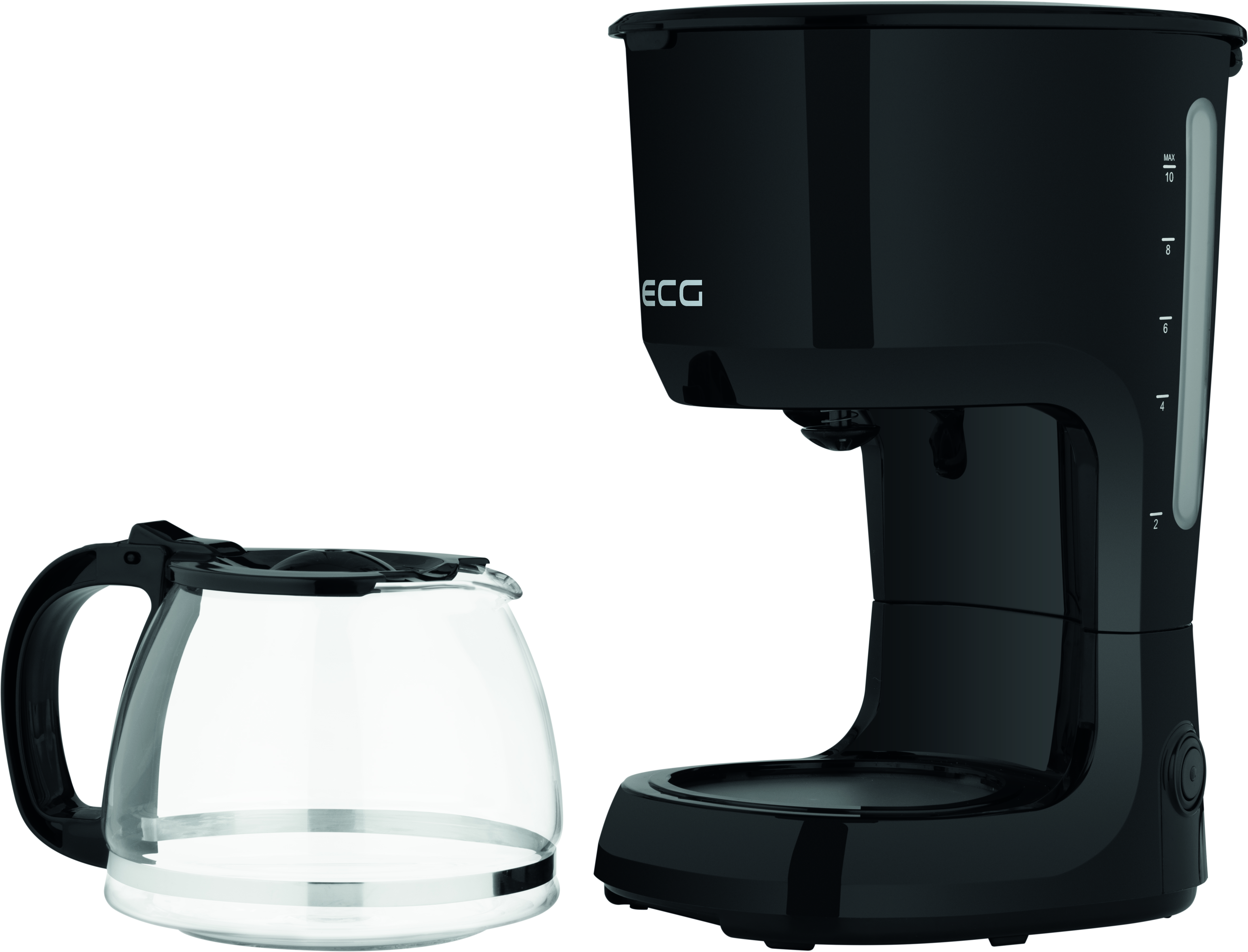 Czarny ekspres do kawy i szklana karafka na białym tle.