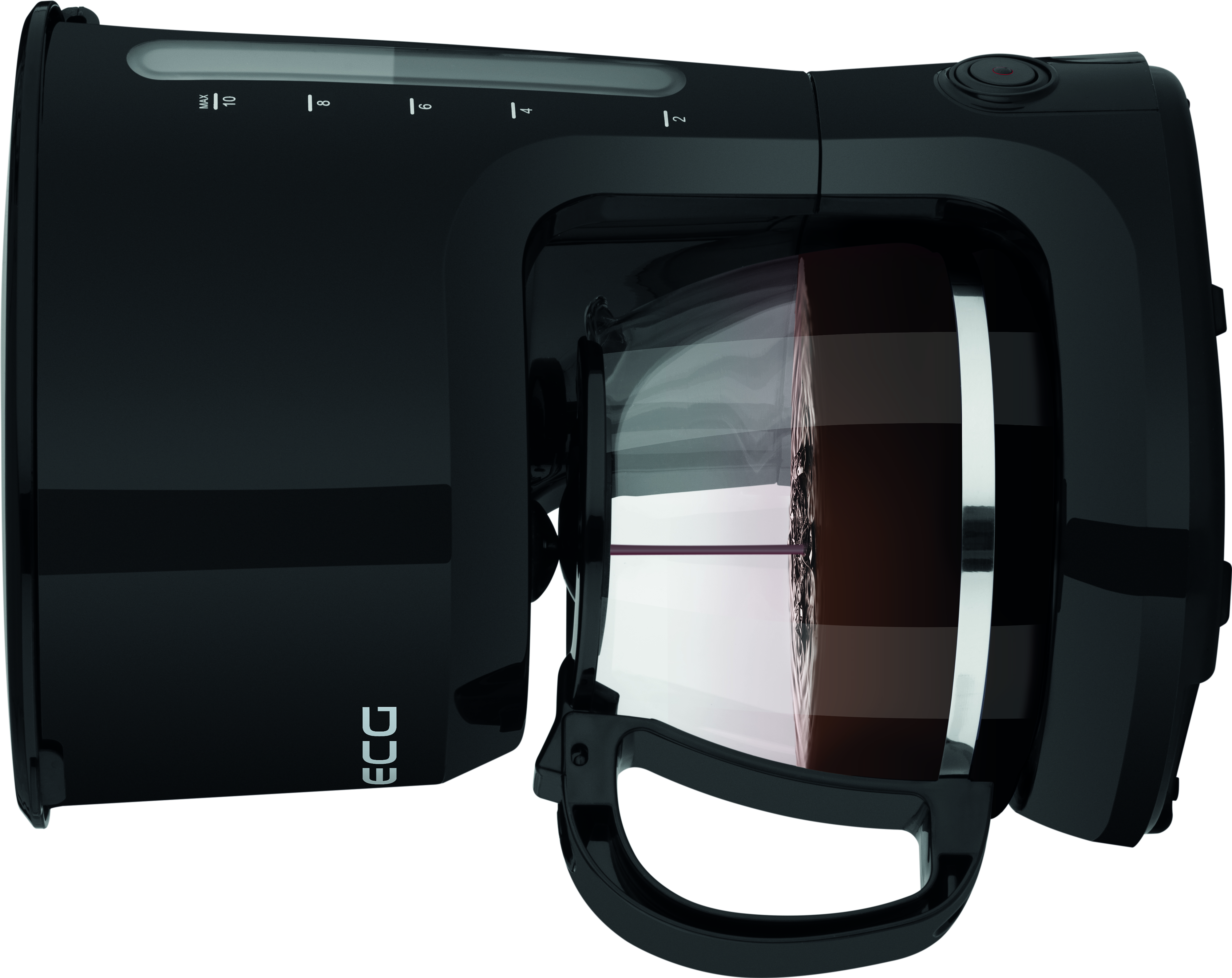 Czarny ekspres do kawy ze szklaną karafką. Karafka pokazuje poziom kawy. Ekspres do kawy jest otwarty.