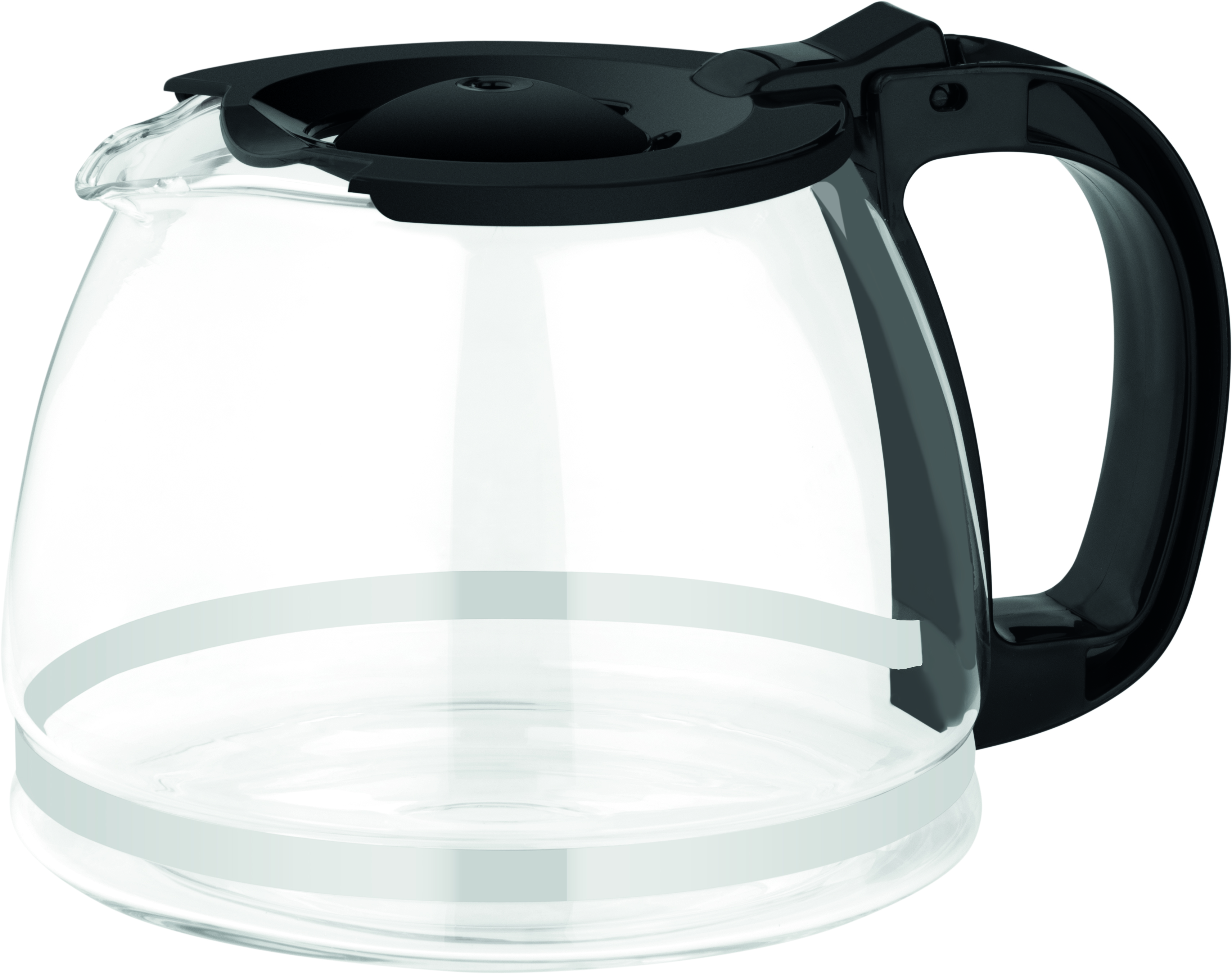 Przezroczysty szklany dzbanek do kawy z czarnym uchwytem i pokrywką. Dzbanek ma wyraźne oznaczenia z boku.