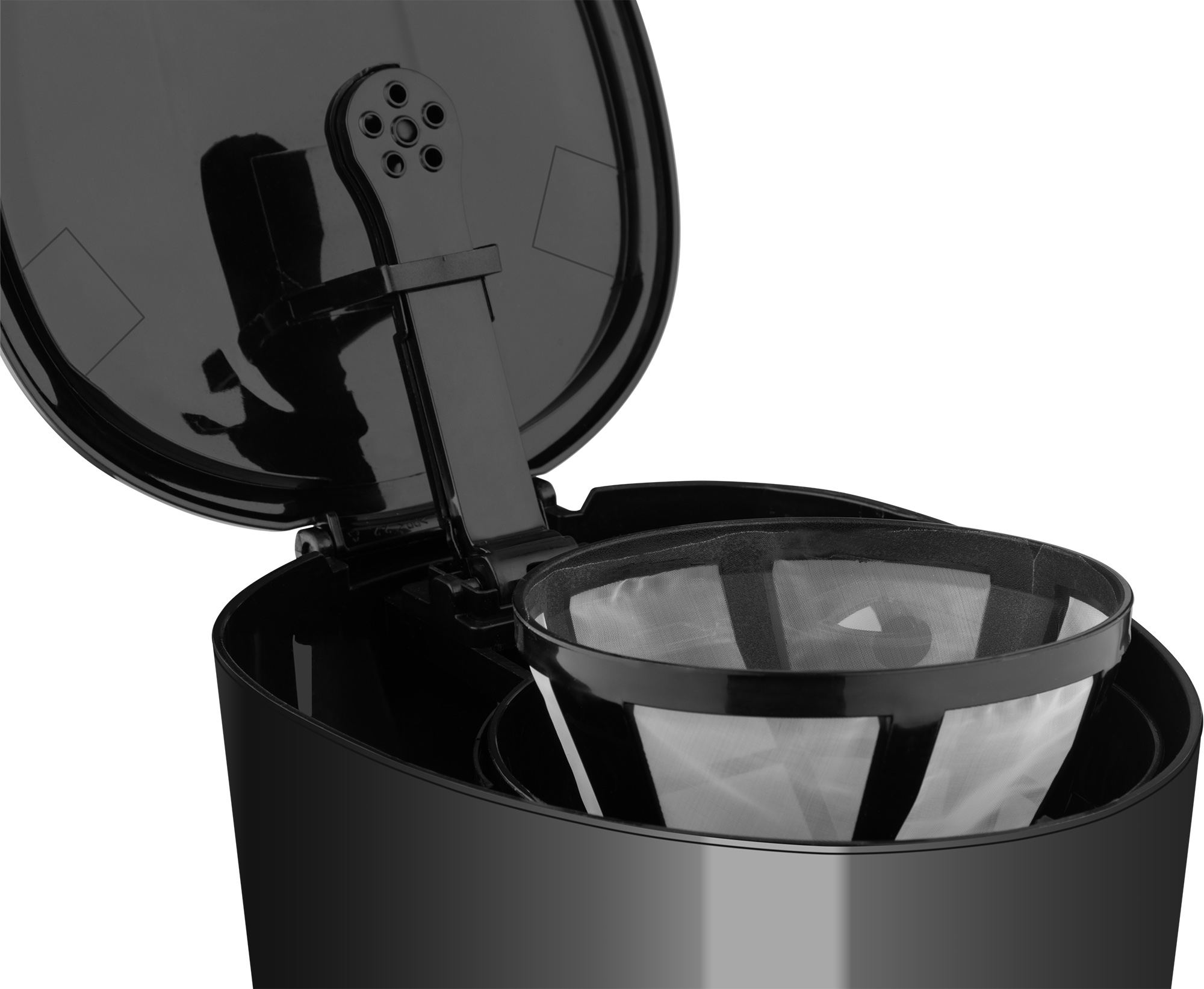 Czarny koszyk filtra do kawy i pokrywa.