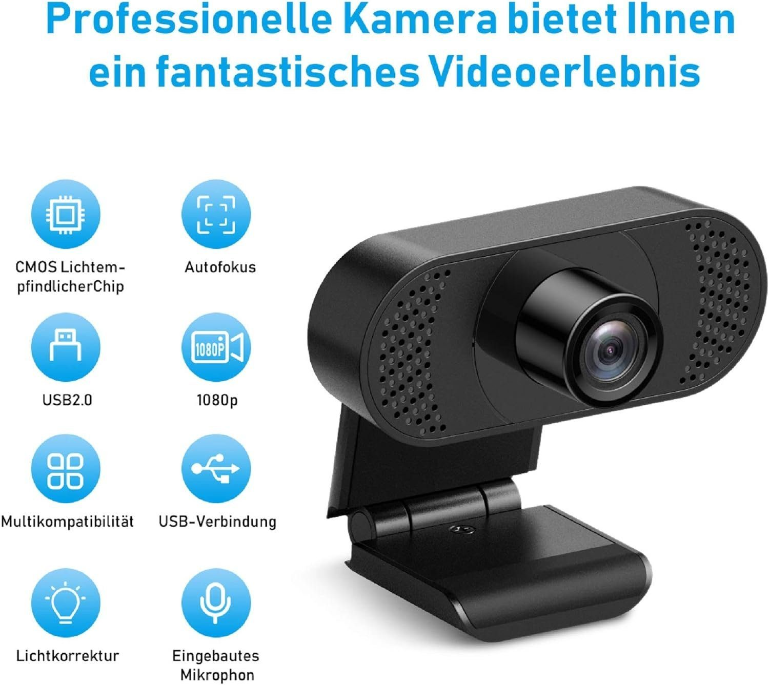 Eine schwarze Webcam mit Ständer, mit Symbolen und Text auf Deutsch.