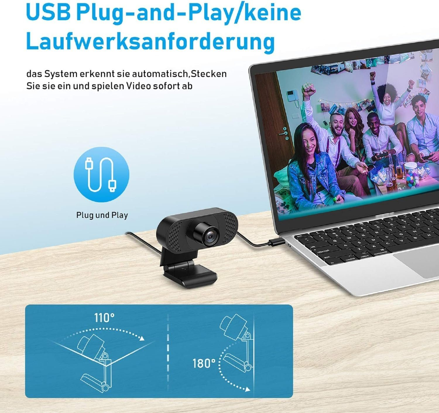 Webcam und Laptop auf einem Schreibtisch. Text: USB Plug-and-Play/keine Laufwerkanforderung. Personen im Hintergrund.