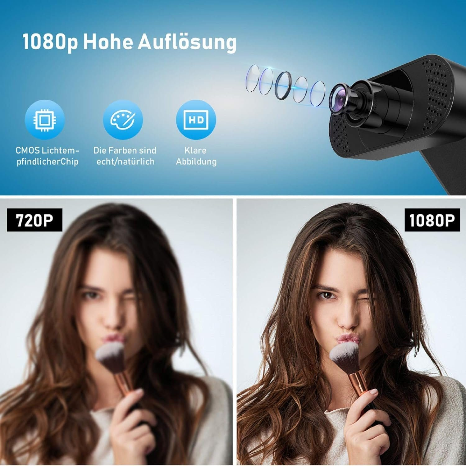 Frau zwinkert, hält einen Make-up-Pinsel. Vergleiche: 720p unscharf vs. 1080p klar.