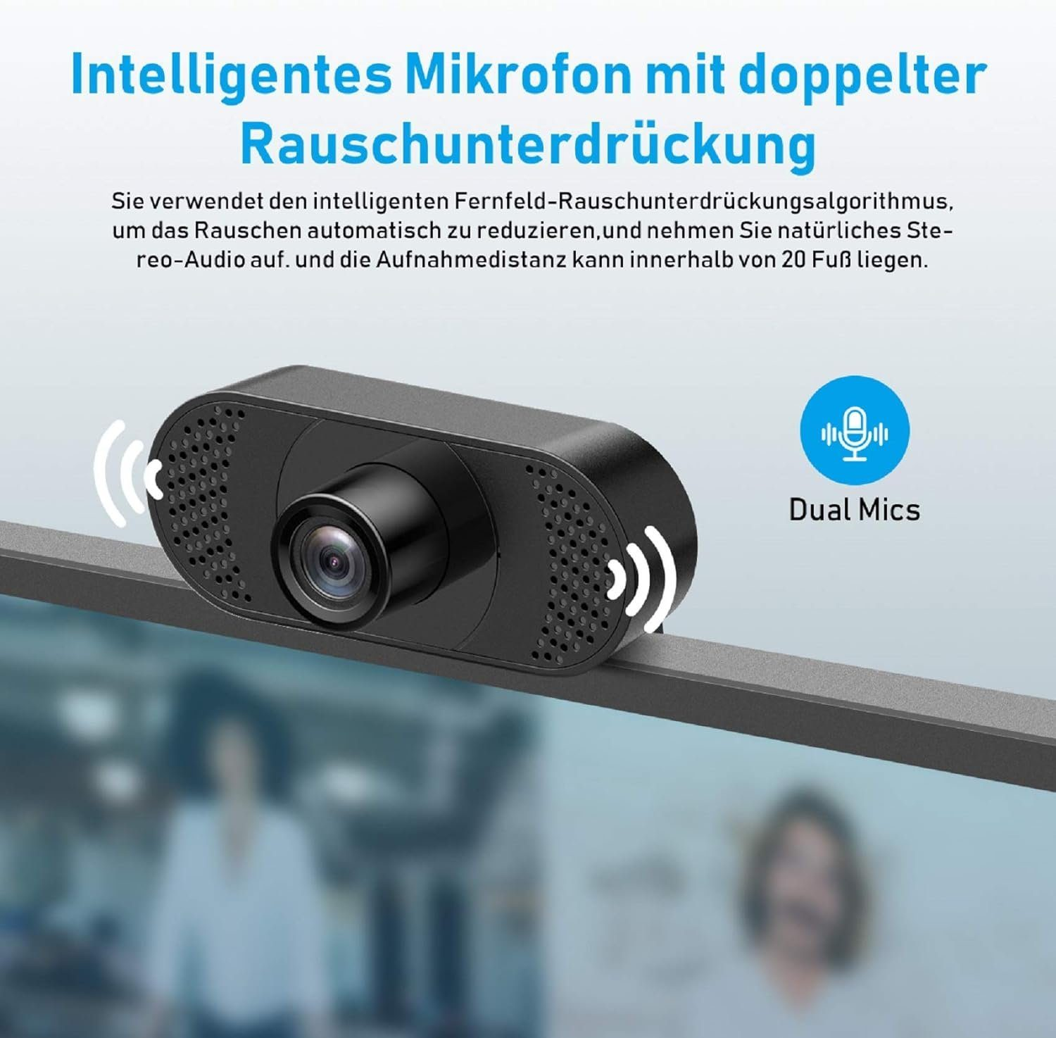 Eine schwarze Webcam an einem Monitor. Das Bild hat Text, der die Funktionen der Webcam beschreibt.