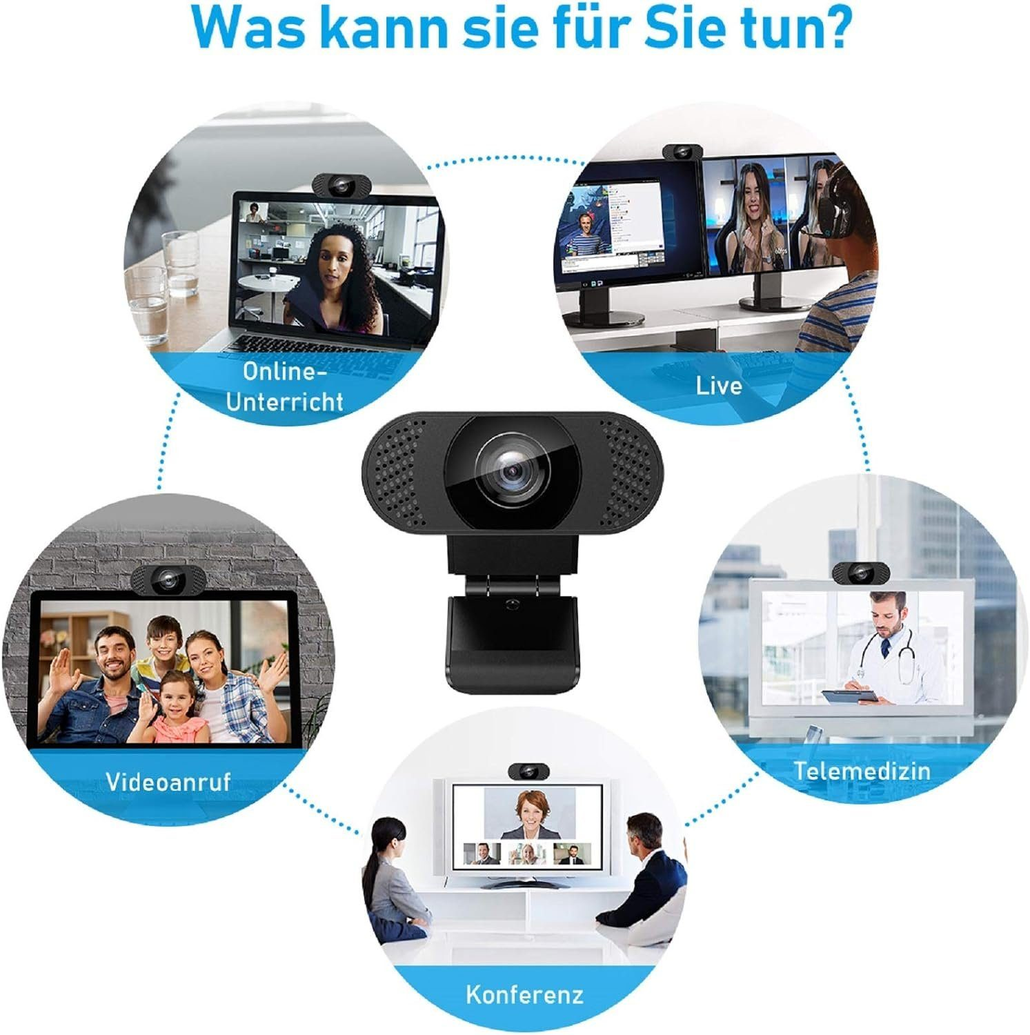 Eine Webcam mit mehreren Anwendungen: Online-Unterricht, Live-Streaming, Videoanrufe, Telemedizin und Konferenzgespräche.