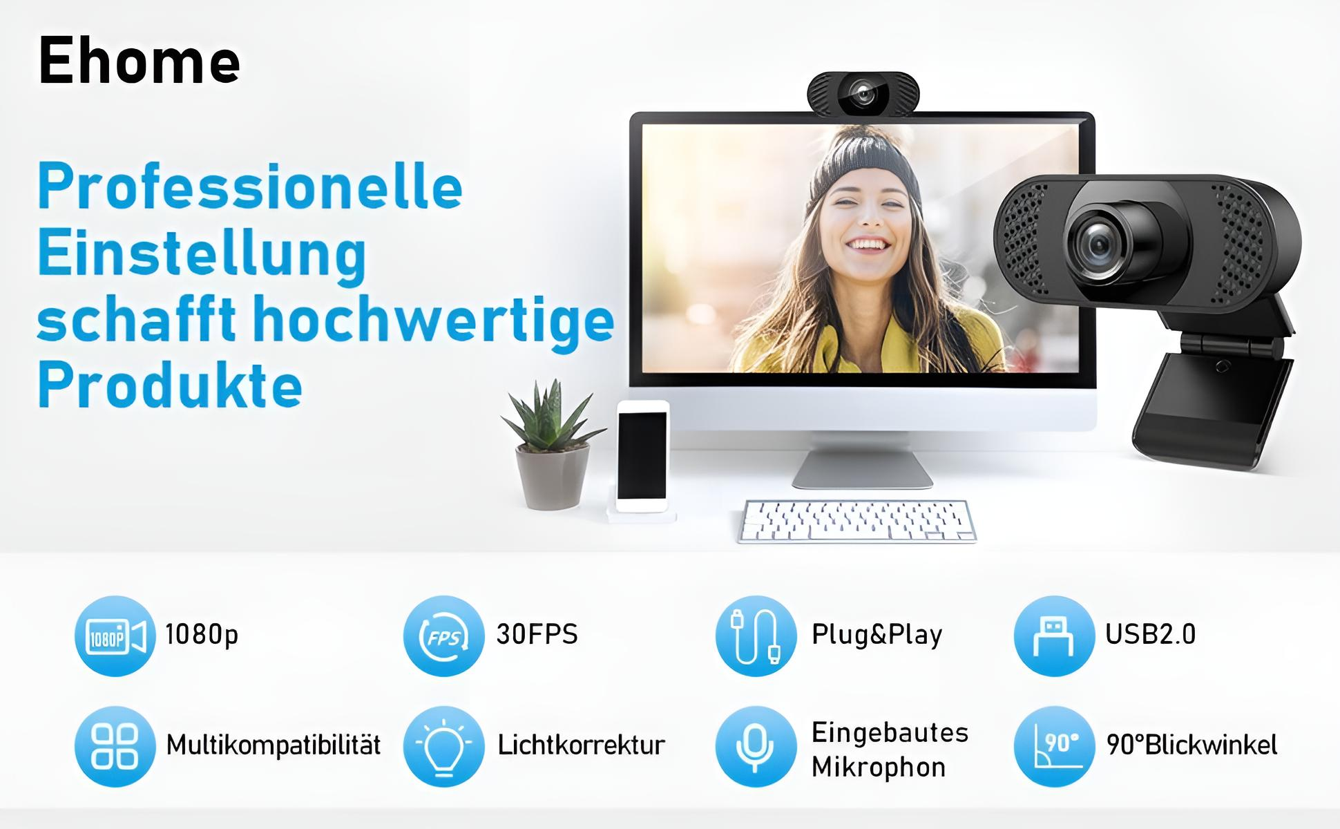 Webcam, Computer und Zubehör sind in einem Werbebild für ein Produkt angeordnet.