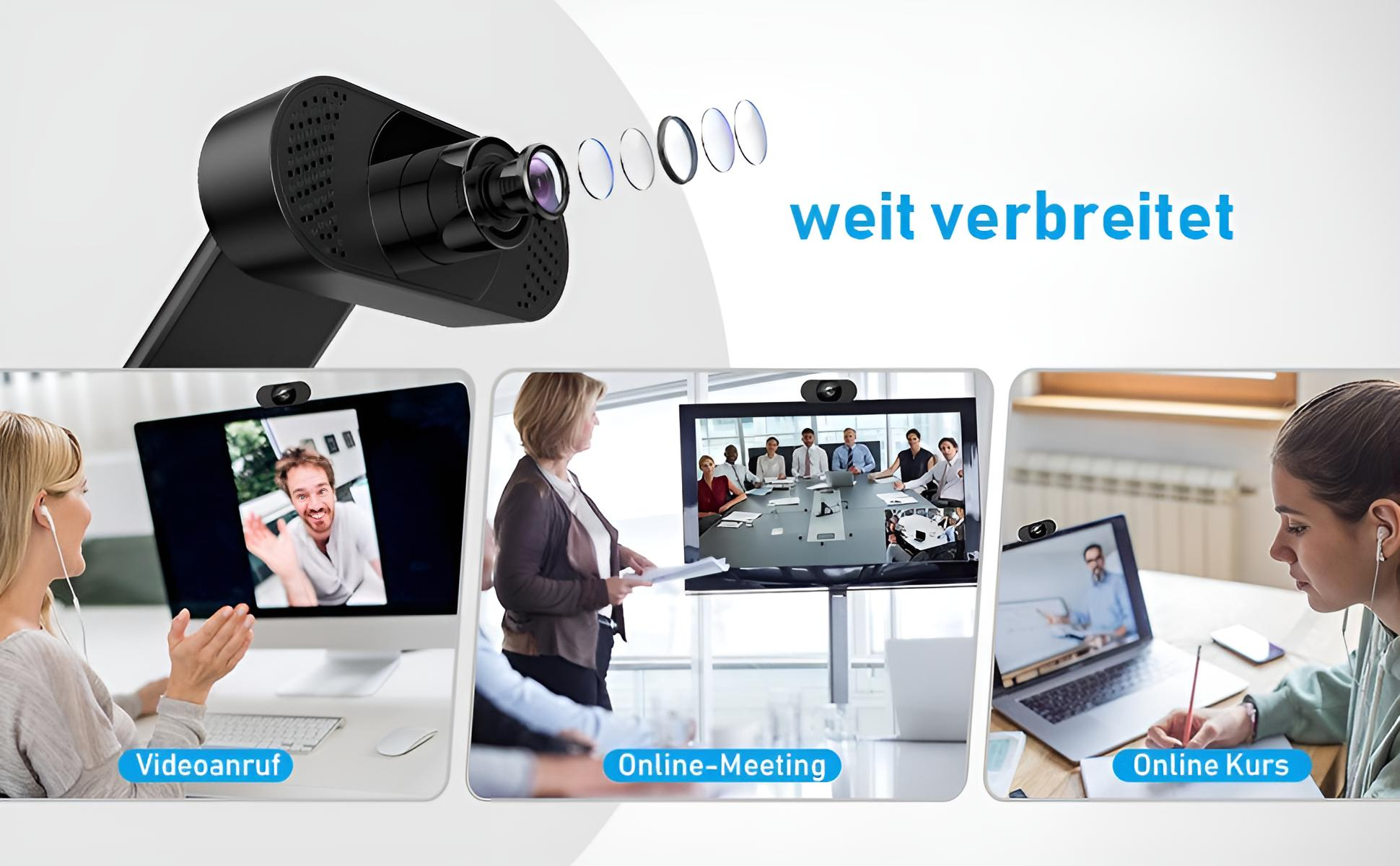 Webcam mit Objektiv und drei Bildschirmen: Videoanruf, Online-Meeting und Online-Kurs. Text lautet 'weit verbreitet'.