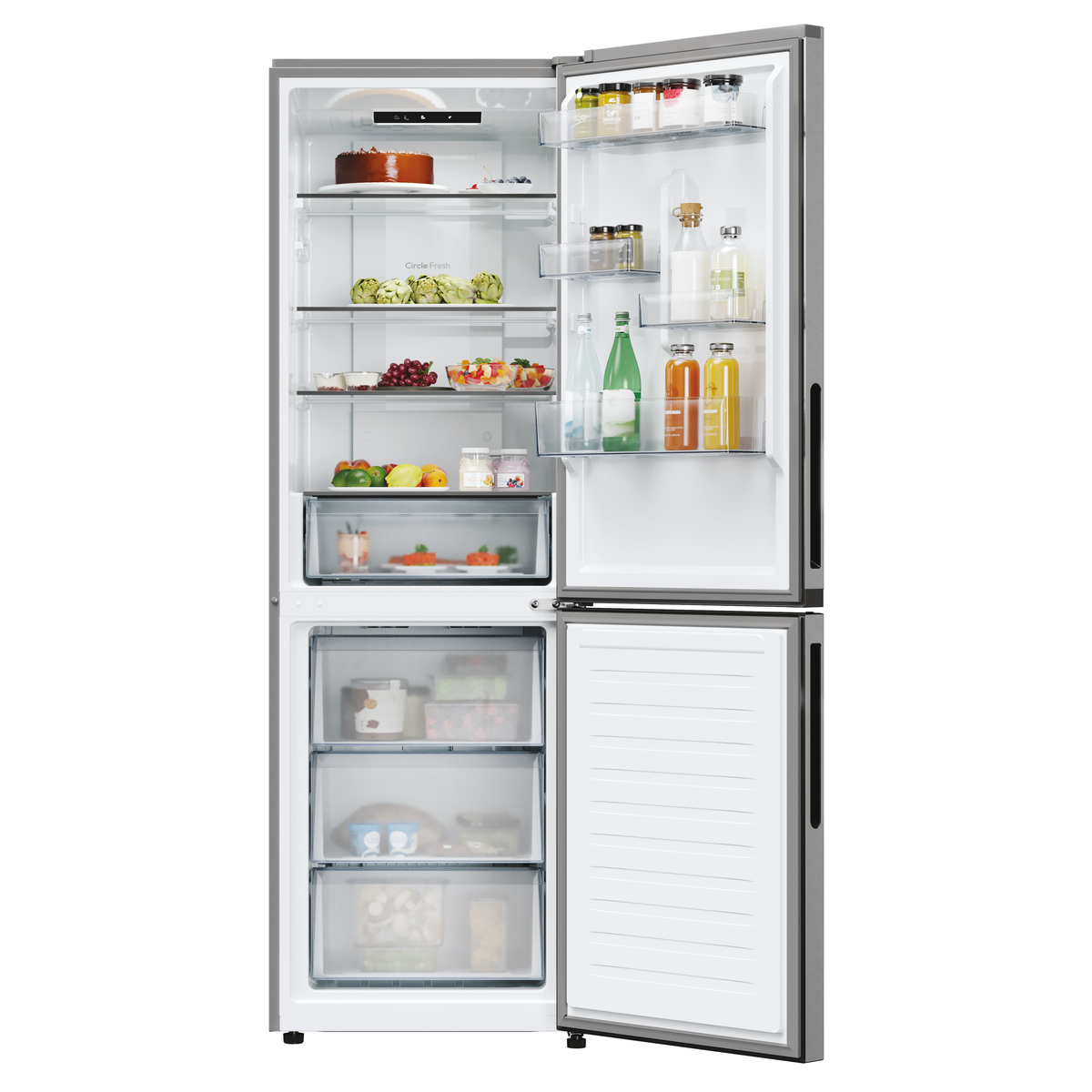Un refrigerador con las puertas abiertas, mostrando estantes con alimentos en su interior.