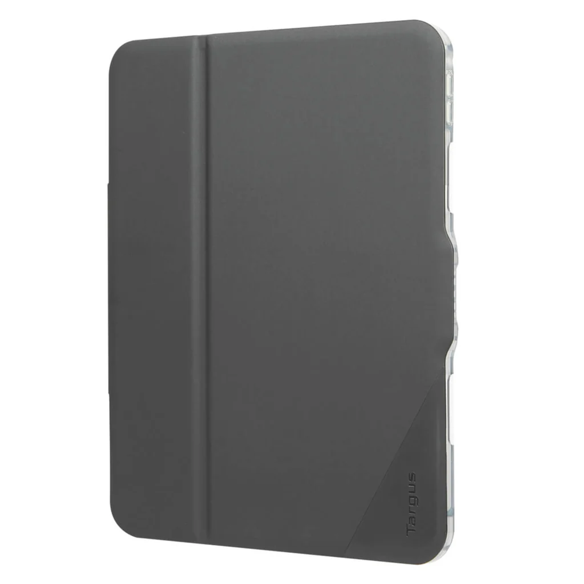 Funda para tableta, negra con cubierta, sobre fondo blanco, con el logotipo de Targus.
