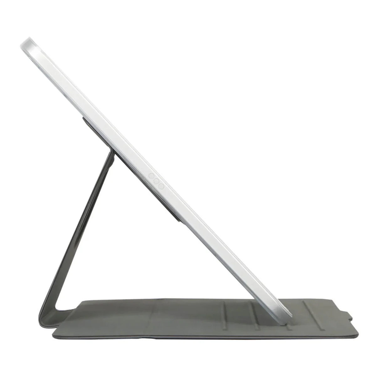 Tableta en una funda gris, apoyada. La pantalla es blanca, la funda está inclinada.