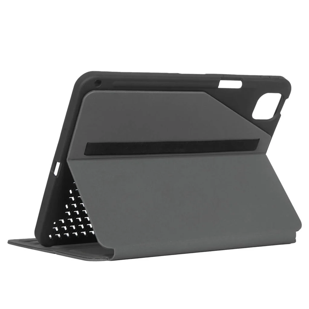Custodia per tablet, parzialmente aperta. Esterno nero, interno grigio scuro, con una cinghia. Sfondo bianco.