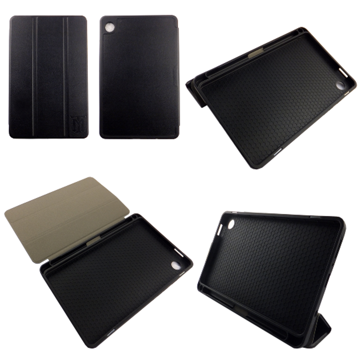 Juego de fundas negras para tablet en varias orientaciones: abiertas, cerradas y vistas interiores.