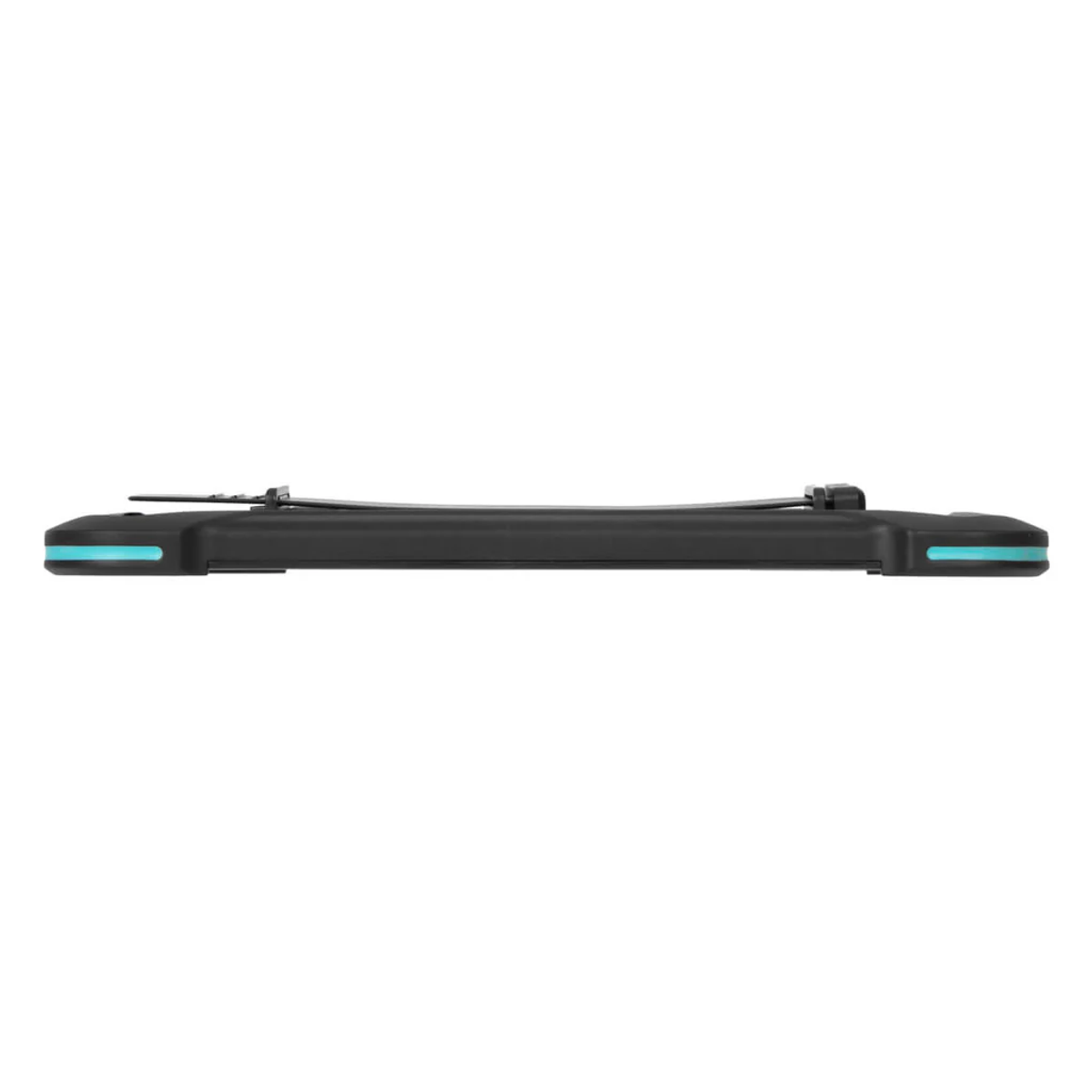 Un dispositivo rectangular delgado y negro con un pequeño acento azul en cada esquina.