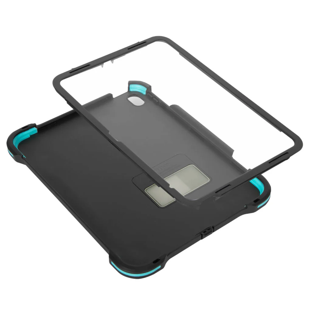 Estuche protector negro y azul para una tableta, con una cubierta transparente levantada sobre la base.