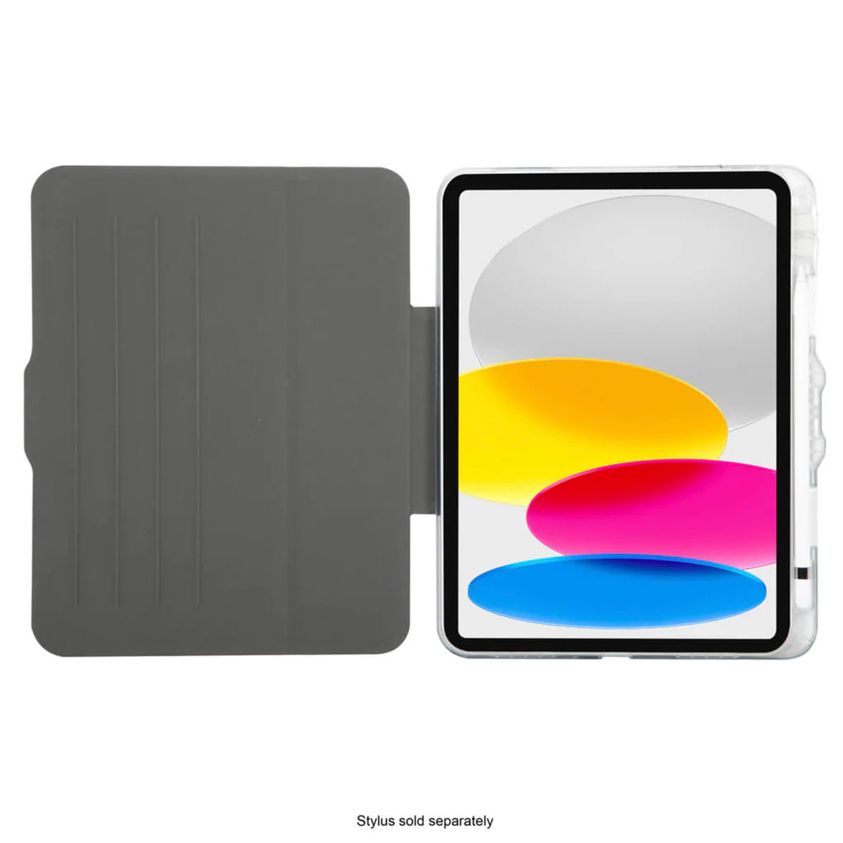 Una funda de tableta abierta con una tableta dentro. La tableta muestra una imagen colorida.