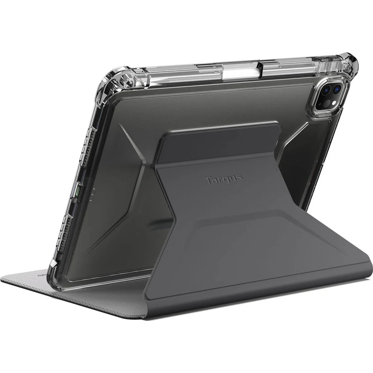 An iPad in a clear case with a stand. A Targus logo is visible on the stand.
