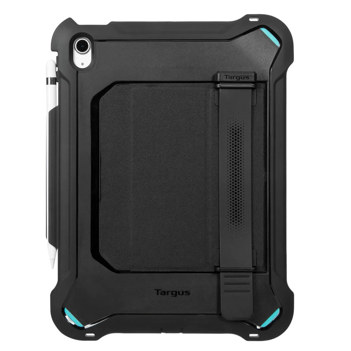 Funda protectora negra para iPad con cubierta negra y lápiz blanco. La funda tiene un soporte negro.