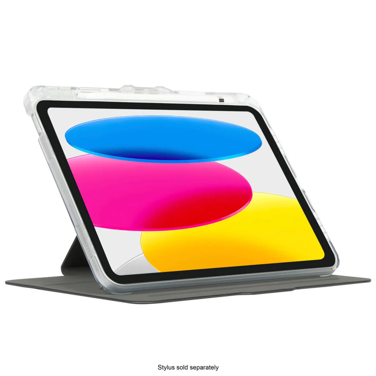 Un iPad en un soporte con una funda transparente. La pantalla muestra una imagen abstracta colorida. Lápiz óptico se vende por separado.