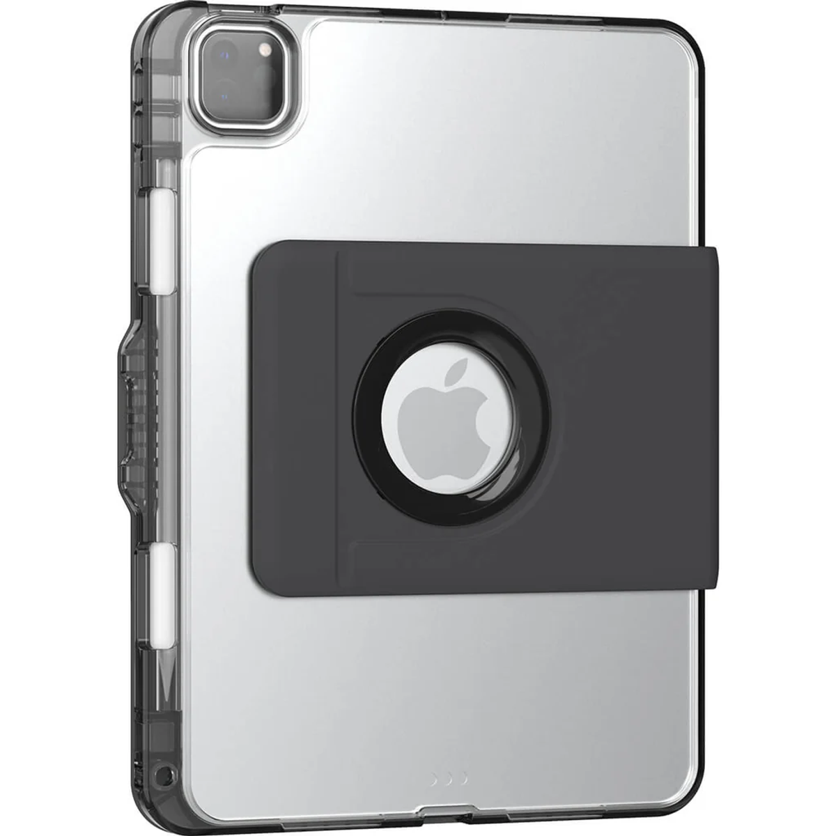 Parte trasera de un iPad en una funda transparente con una correa negra y el logo de Apple.