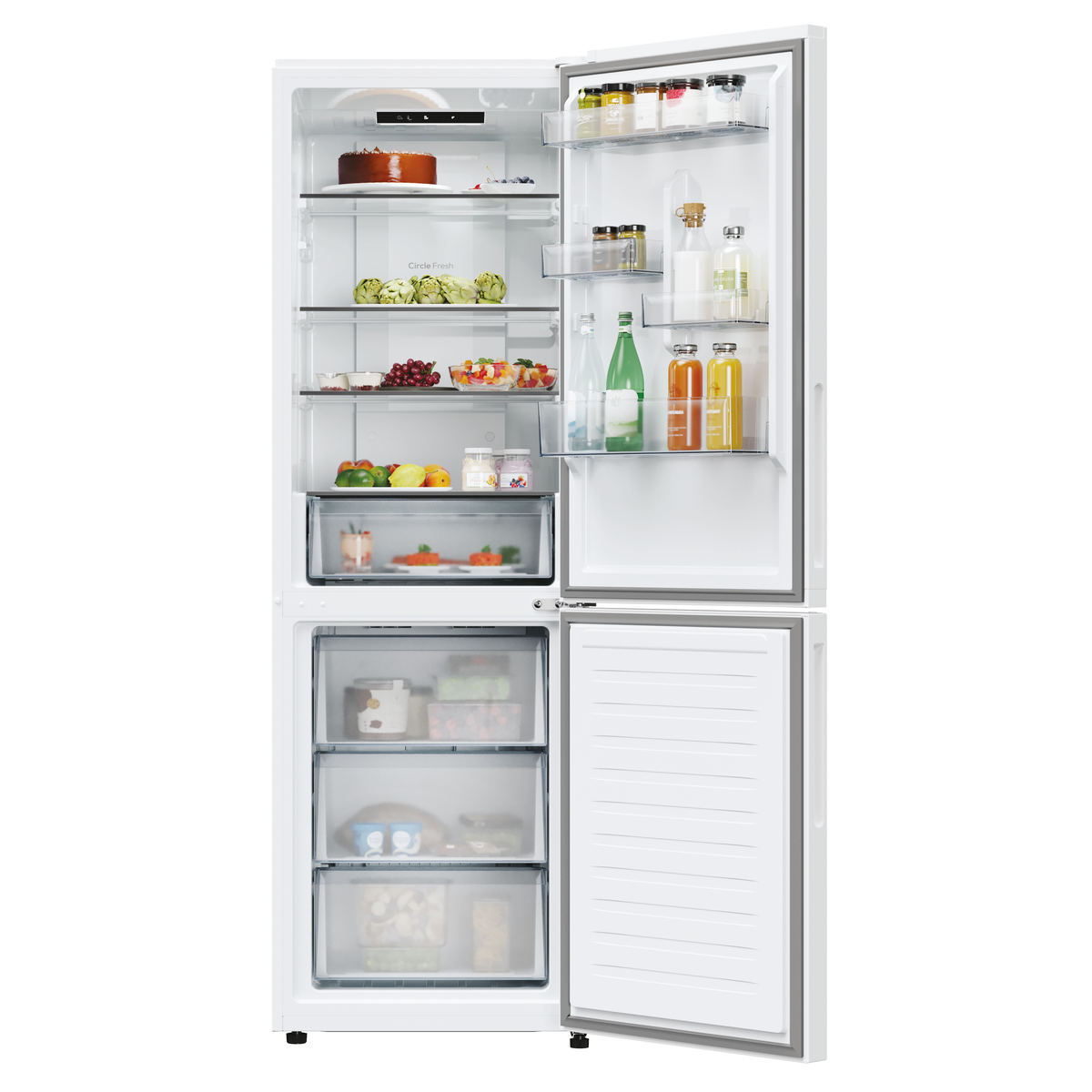Refrigerador blanco con puertas abiertas, lleno de alimentos.