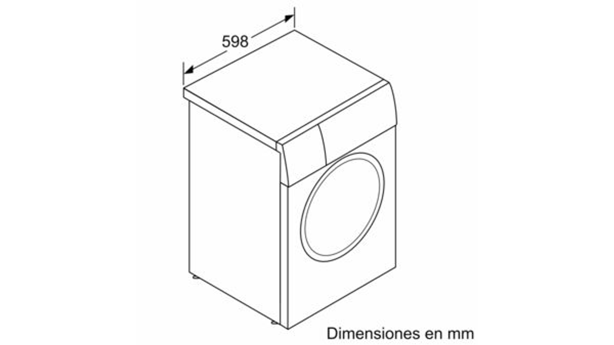 Biała pralka, widok z góry, z wymiarami oznaczonymi na szerokość 598 mm.