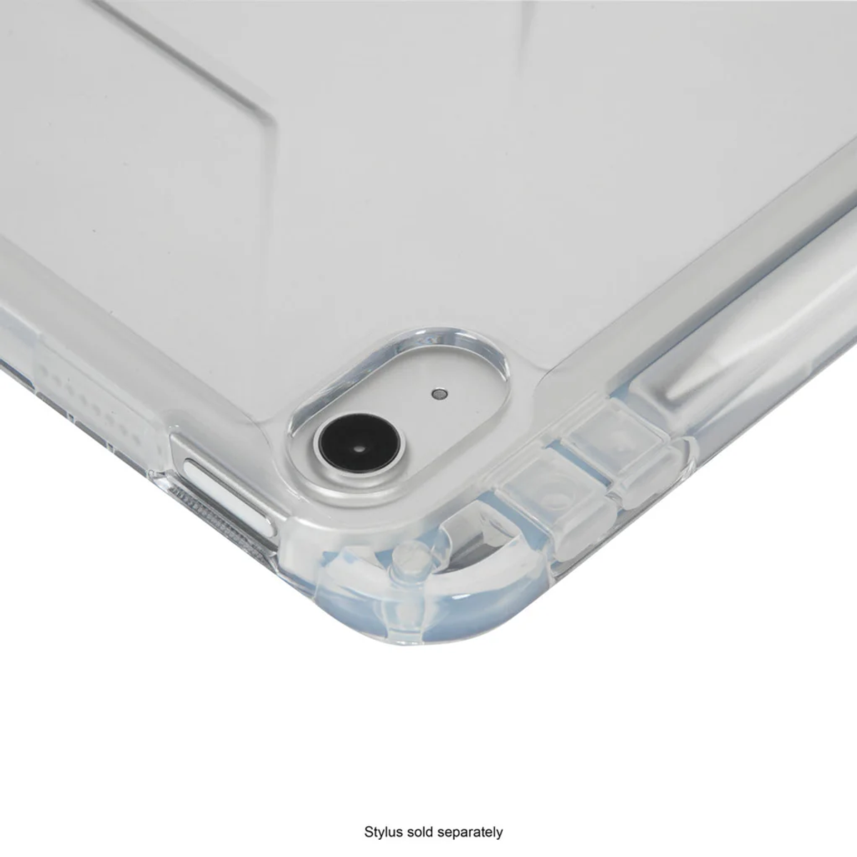 A clear protective cover for a device. The corner shows the device's camera and a button.