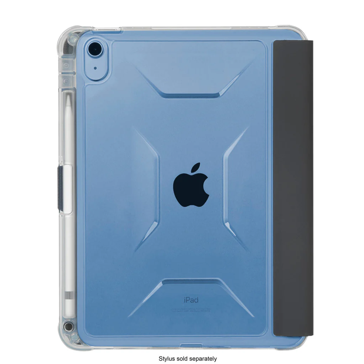 Blue iPad with a protective case, a black cover on the side, and a stylus.