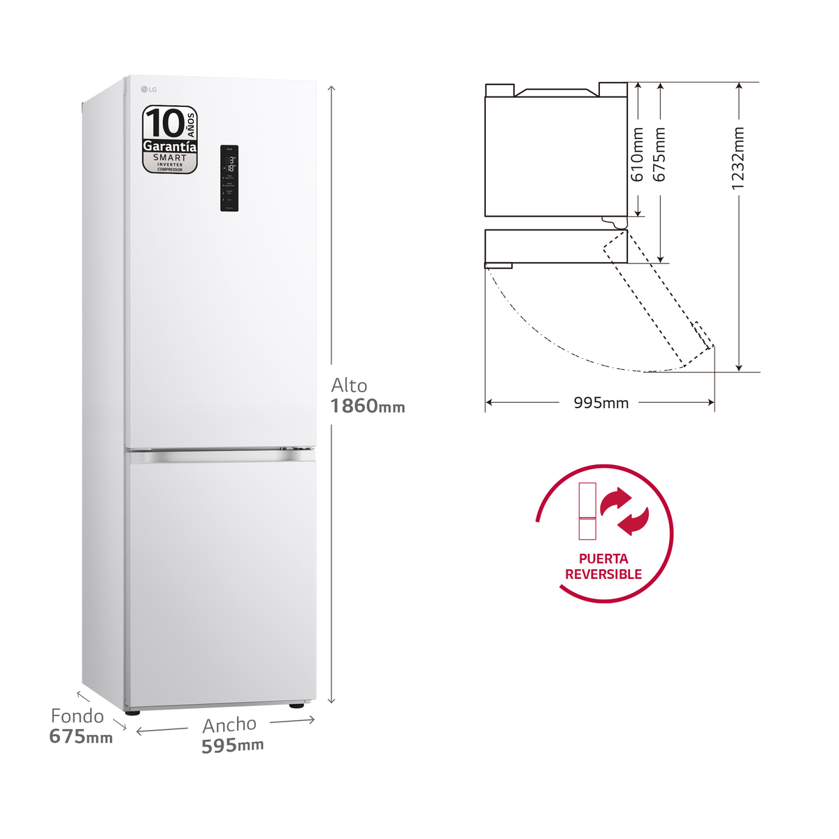 Biała lodówka LG z wymiarami i funkcją odwracalnych drzwi jest pokazana.