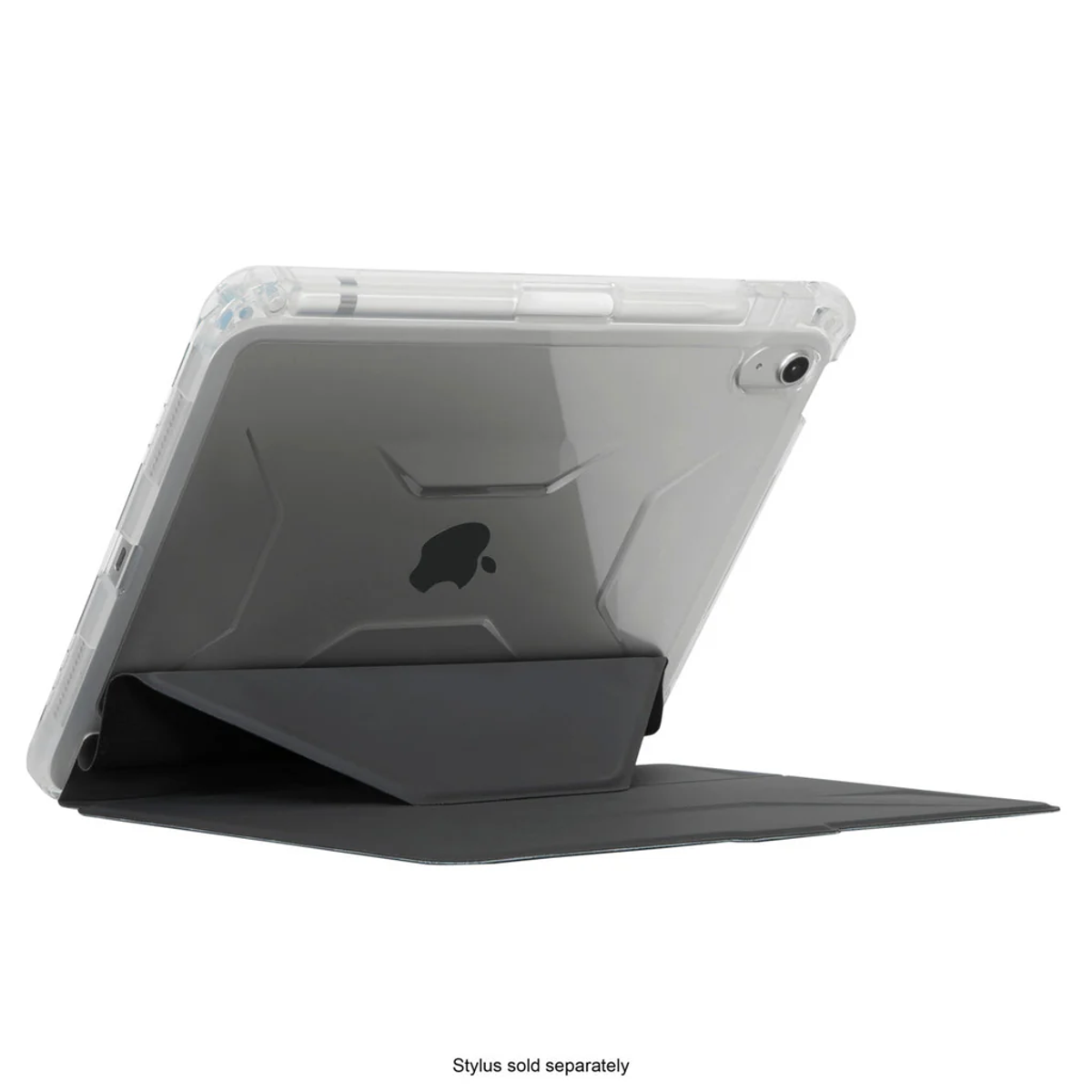 iPad in a case with a cover. Stylus sold separately. Grey case with transparent cover.