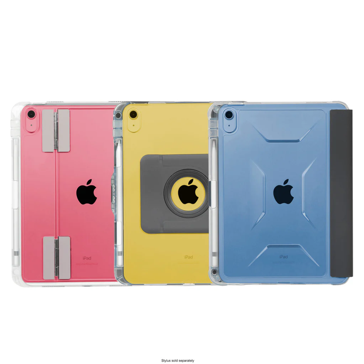 Tres iPads con fundas protectoras, rosa, amarillo y azul. Cada uno tiene el logo de Apple.