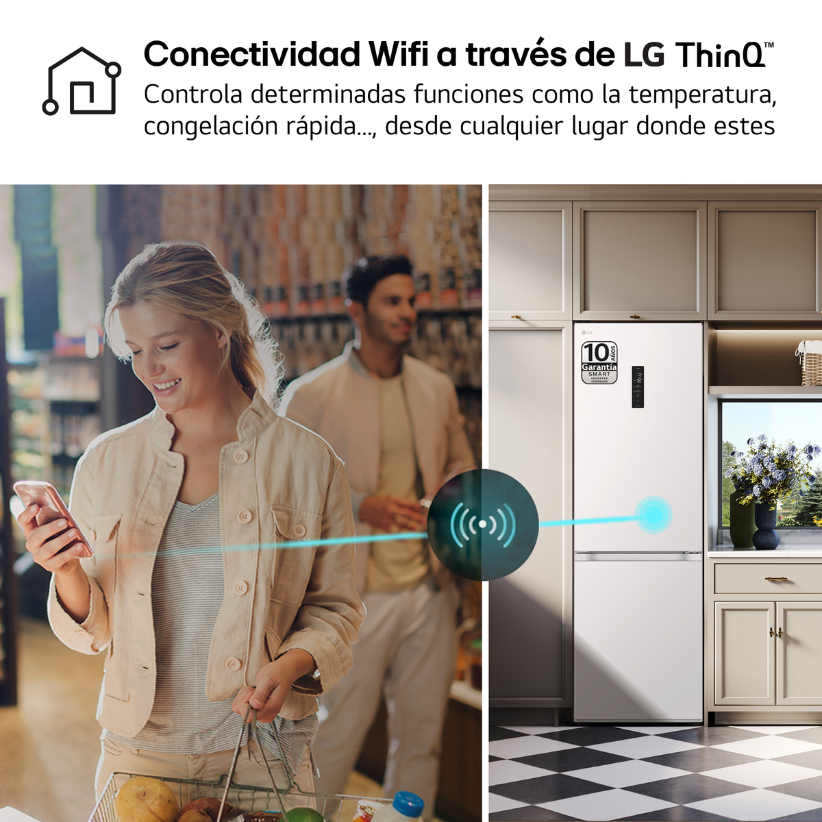 Kobieta używa telefonu w sklepie, a mężczyzna robi zakupy w pobliżu. Po prawej stronie znajduje się lodówka z nałożonym symbolem Wi-Fi.