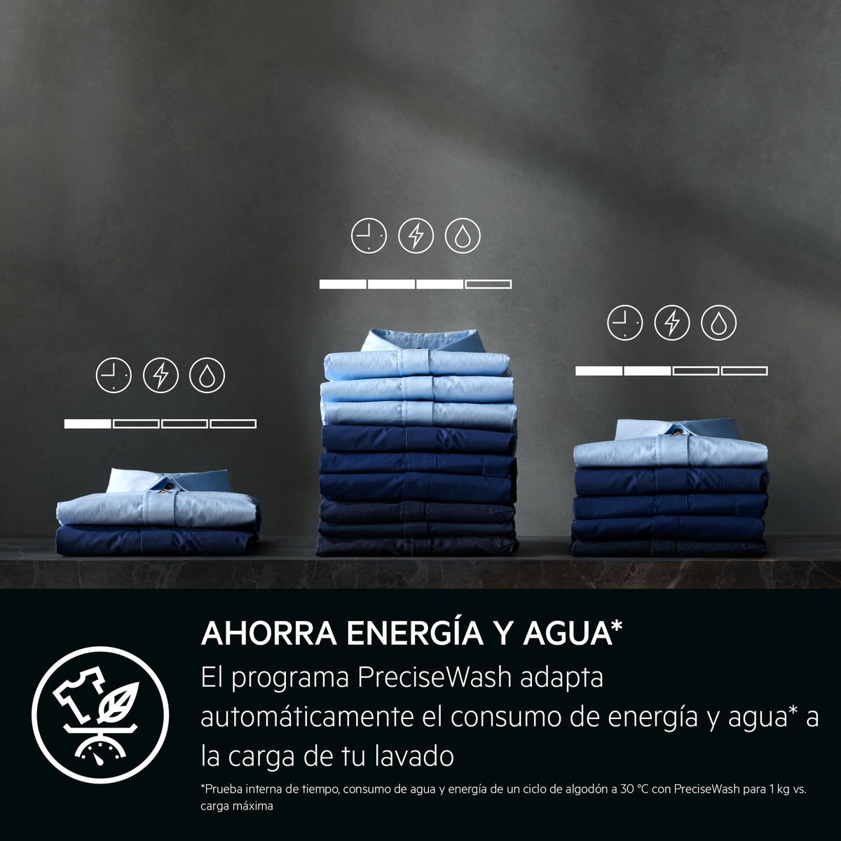 Koszule w stosach z ikonami energii. Tekst po hiszpańsku, ciemne tło.