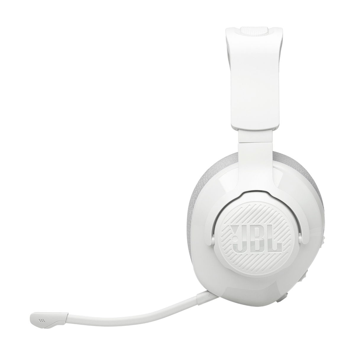 Weißes JBL-Headset mit Mikrofon. Das Headset ist auf die Kamera gerichtet.