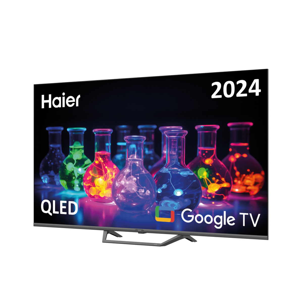 Televisor de pantalla grande que muestra matraces coloridos y el año 2024.