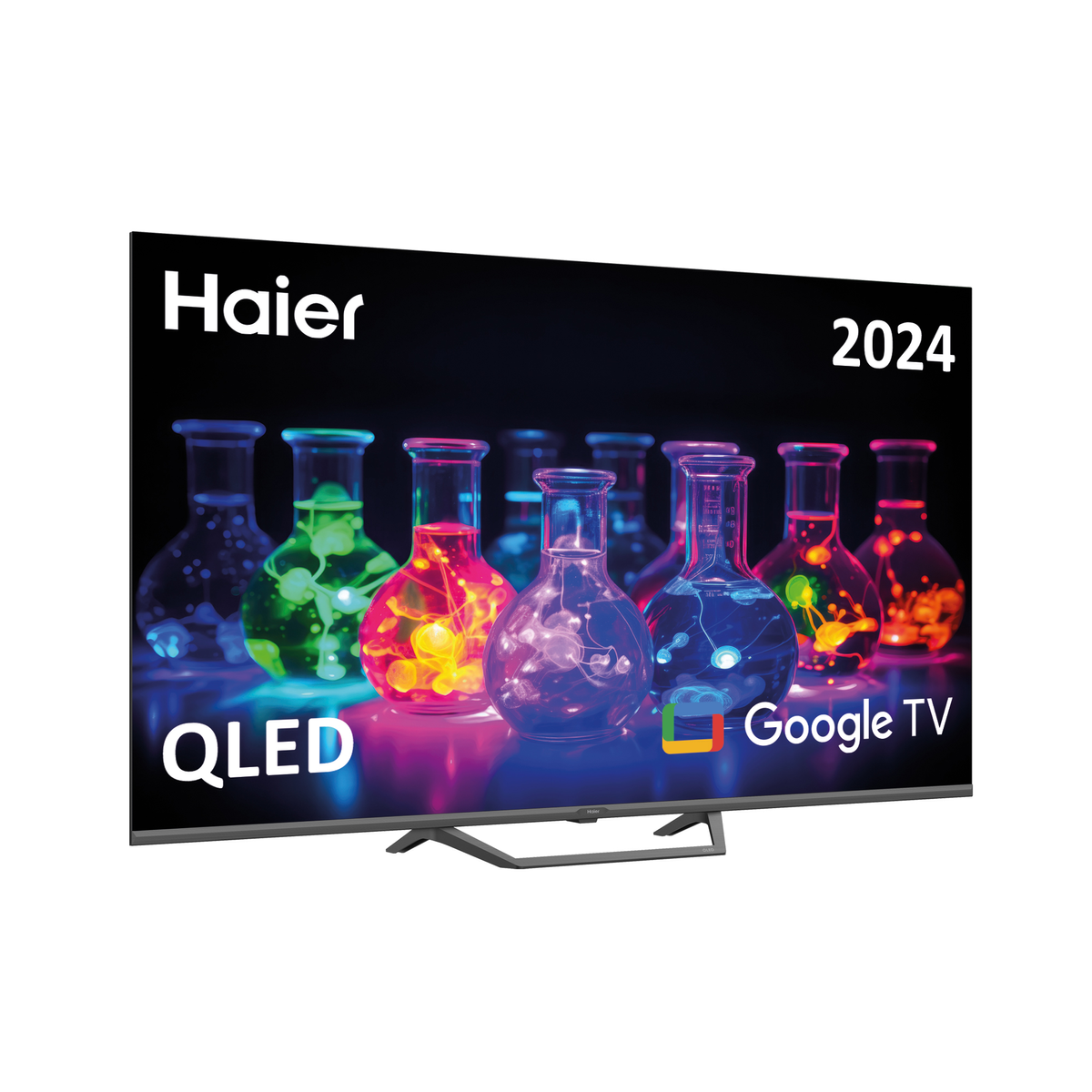 Televisor Haier QLED que muestra imágenes coloridas. La pantalla muestra botellas y el logotipo de Google TV.