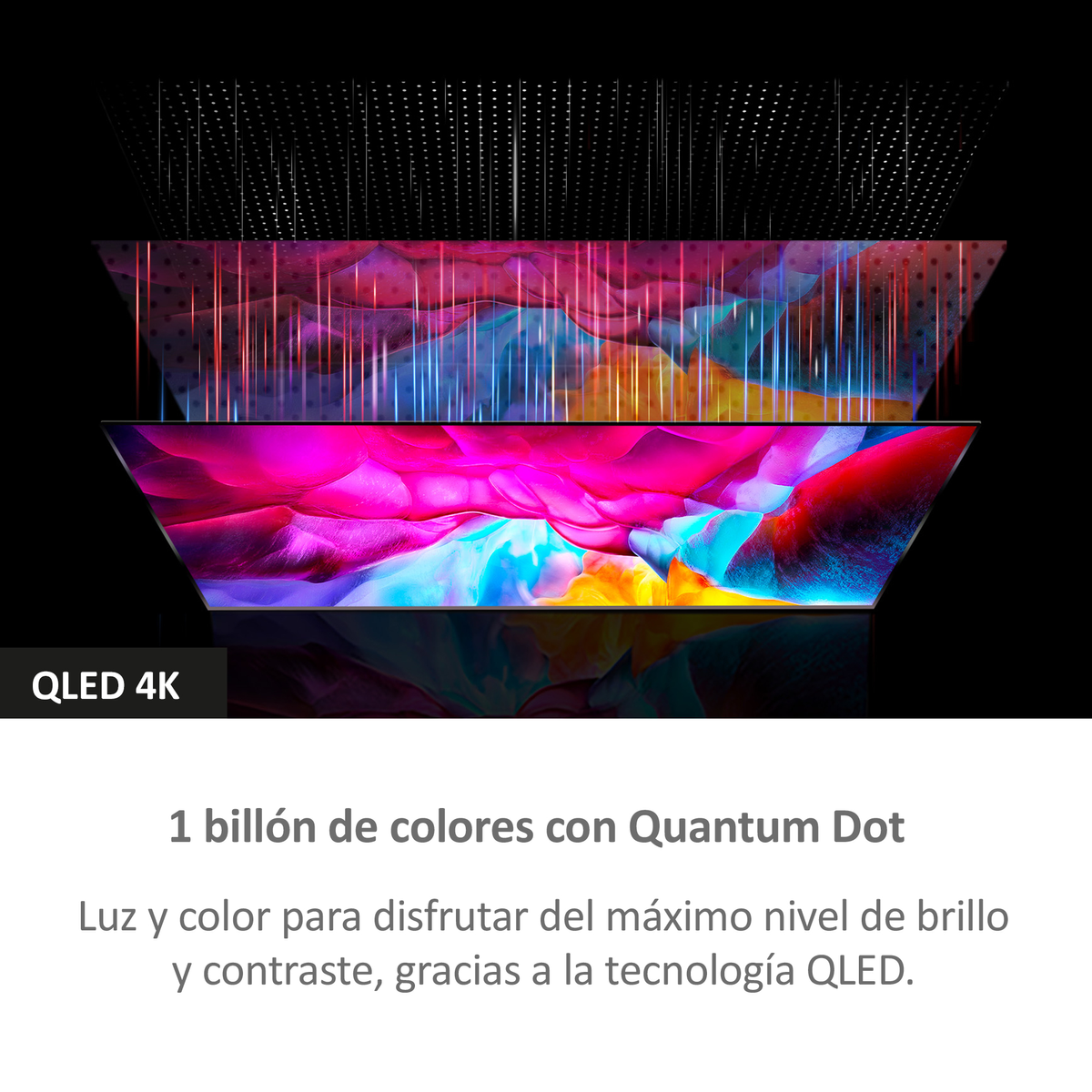 TV QLED 4K con una pantalla vibrante. Colores brillantes, fondo negro.