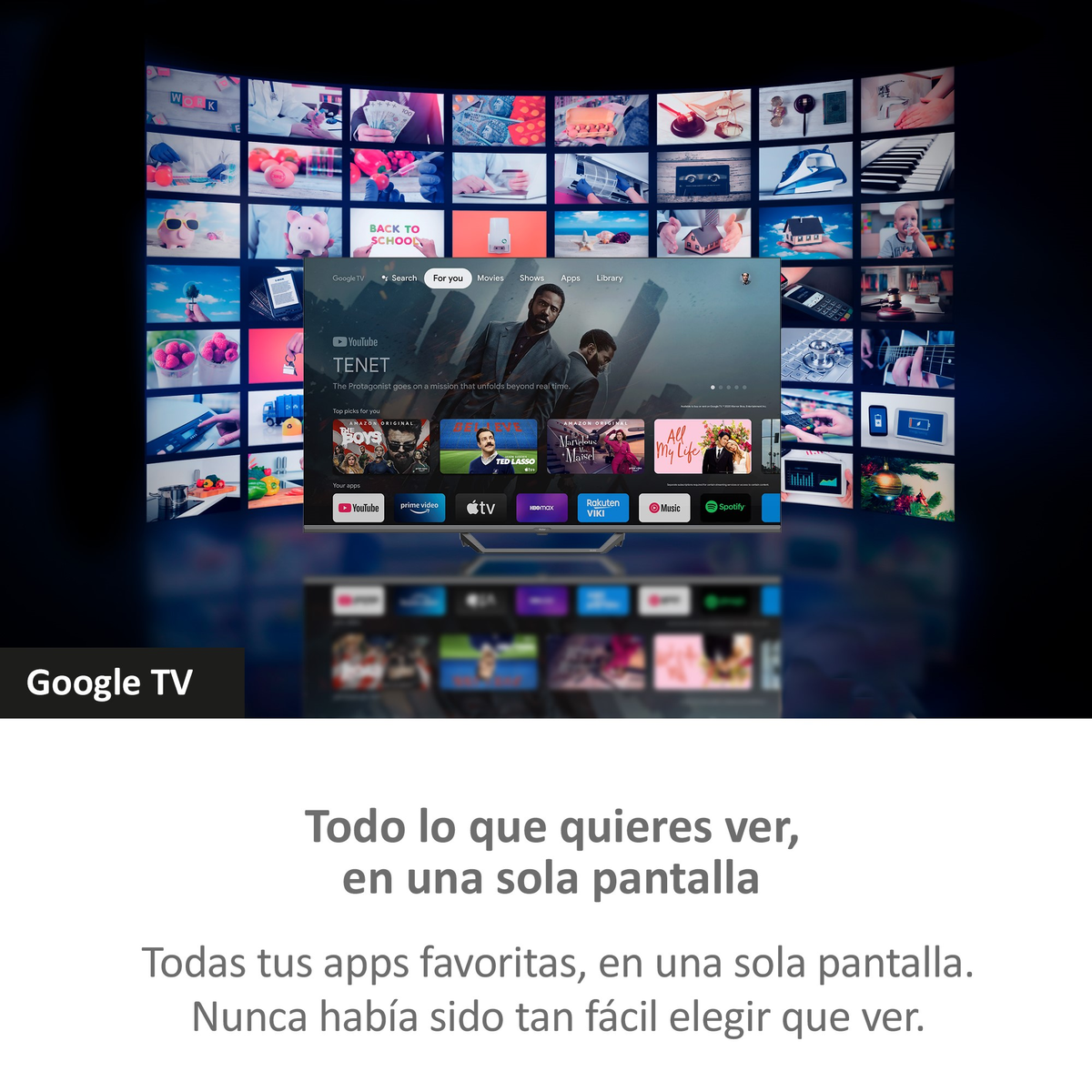 Una pantalla de TV mostrando varias apps y una película, con las palabras 'Google TV'.