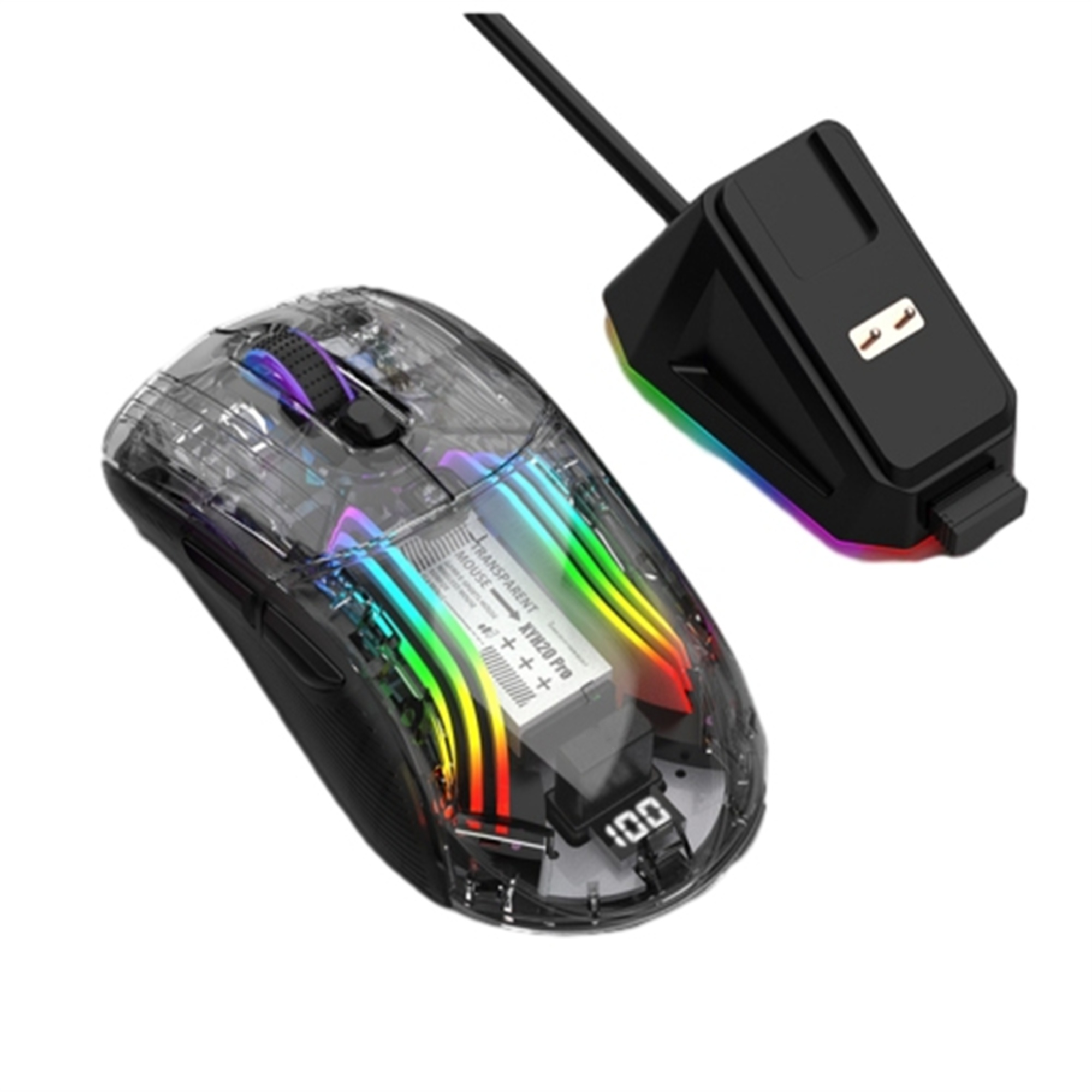 Transparente Gaming-Maus mit Regenbogen-LEDs und einer Ladestation.